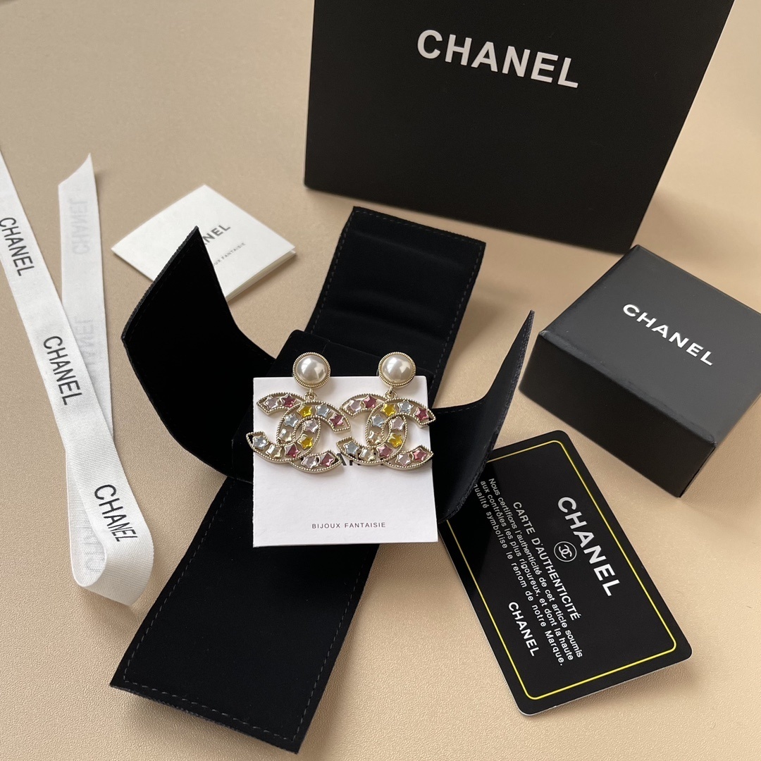 Luxury CC Logo Drop Earrings with Multi-Color Star Crystals & Pearl