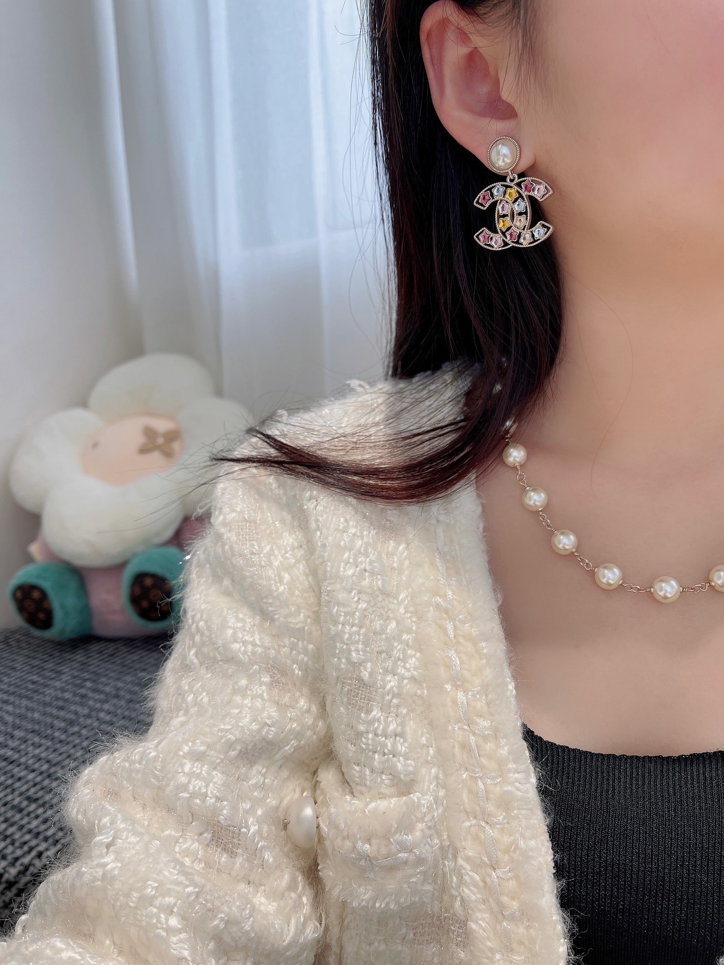 Luxury CC Logo Drop Earrings with Multi-Color Star Crystals & Pearl