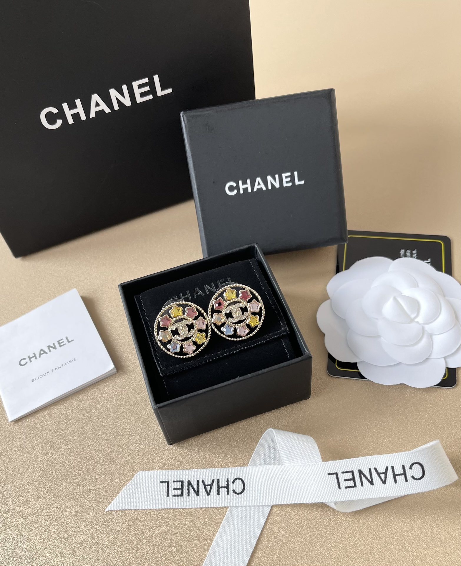 Elegant CC Logo Colorful Star Crystal Stud Earrings for Women