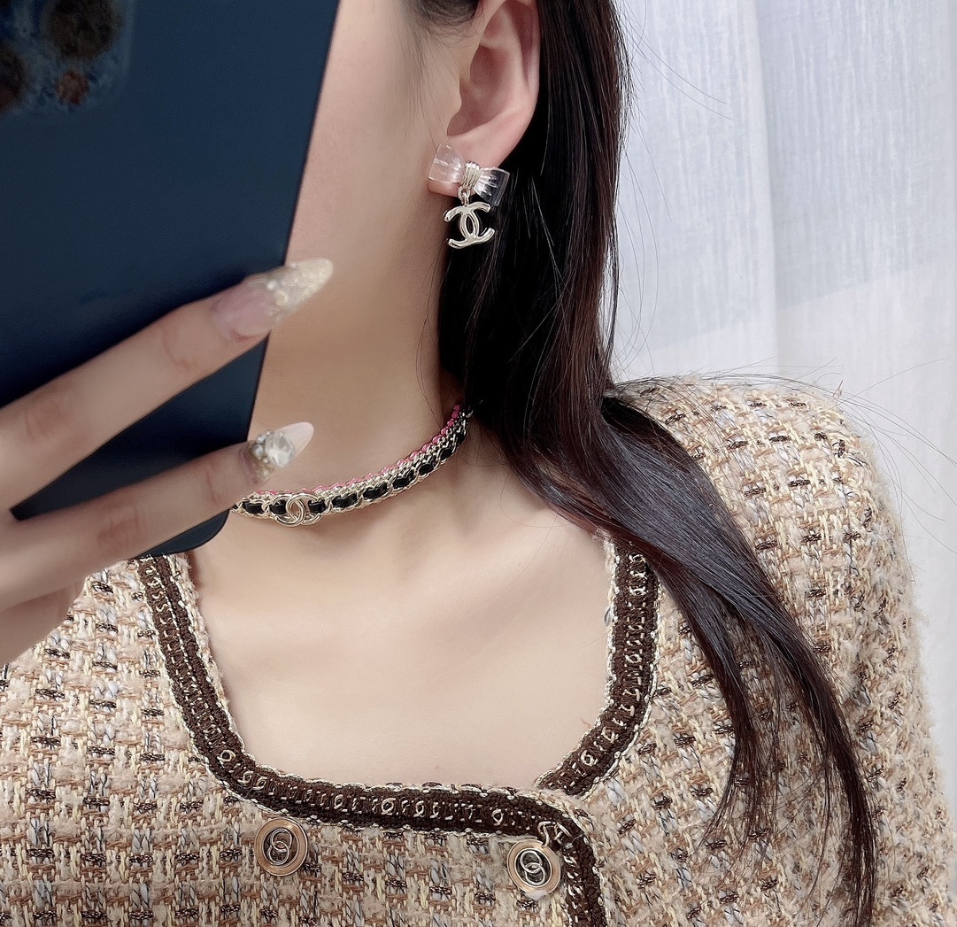 Luxury Style Clear Bow Knot Gold Double C Dangle Earrings