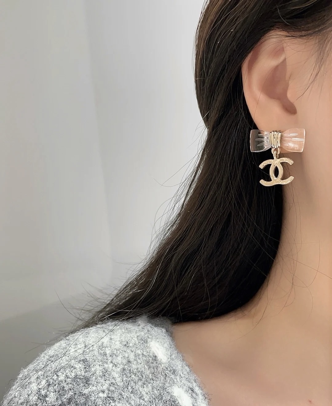 Luxury Style Clear Bow Knot Gold Double C Dangle Earrings