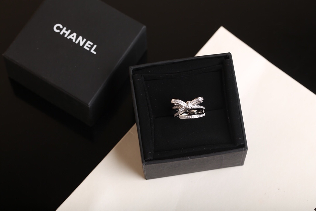 Chanel Ruban Bow Ring Silver Finish Encrusted with Crystals