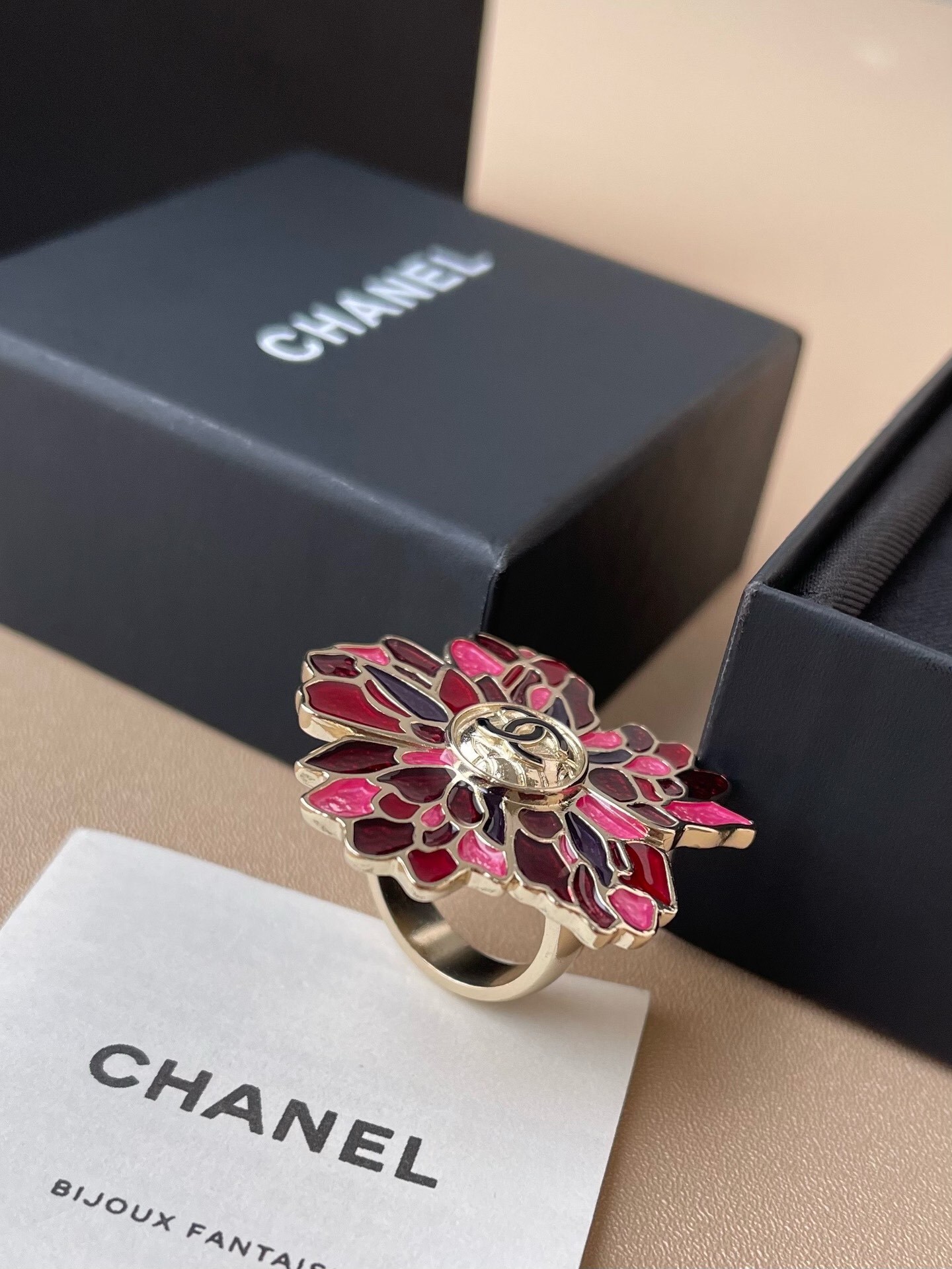 Chanel Red Enamel Camellia Flower Statement Ring - Gold Tone
