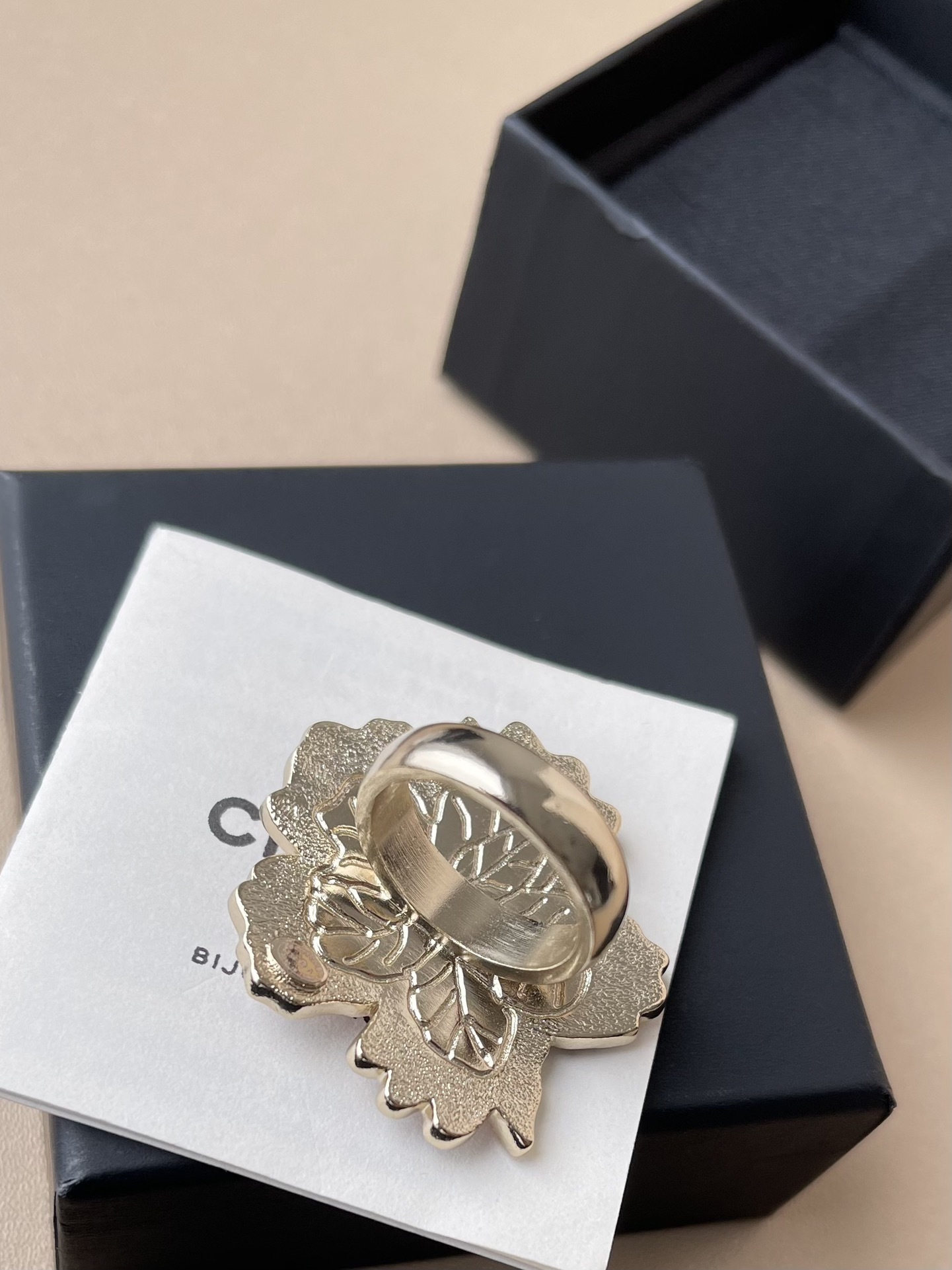 Chanel Red Enamel Camellia Flower Statement Ring - Gold Tone