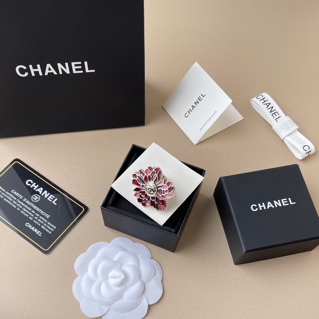 Chanel Red Enamel Camellia Flower Statement Ring - Gold Tone