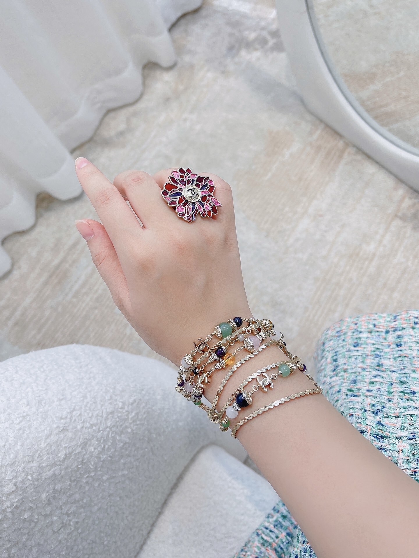 Chanel Red Enamel Camellia Flower Statement Ring - Gold Tone