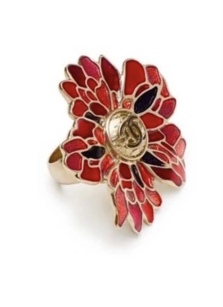 Chanel Red Enamel Camellia Flower Statement Ring – Gold Tone