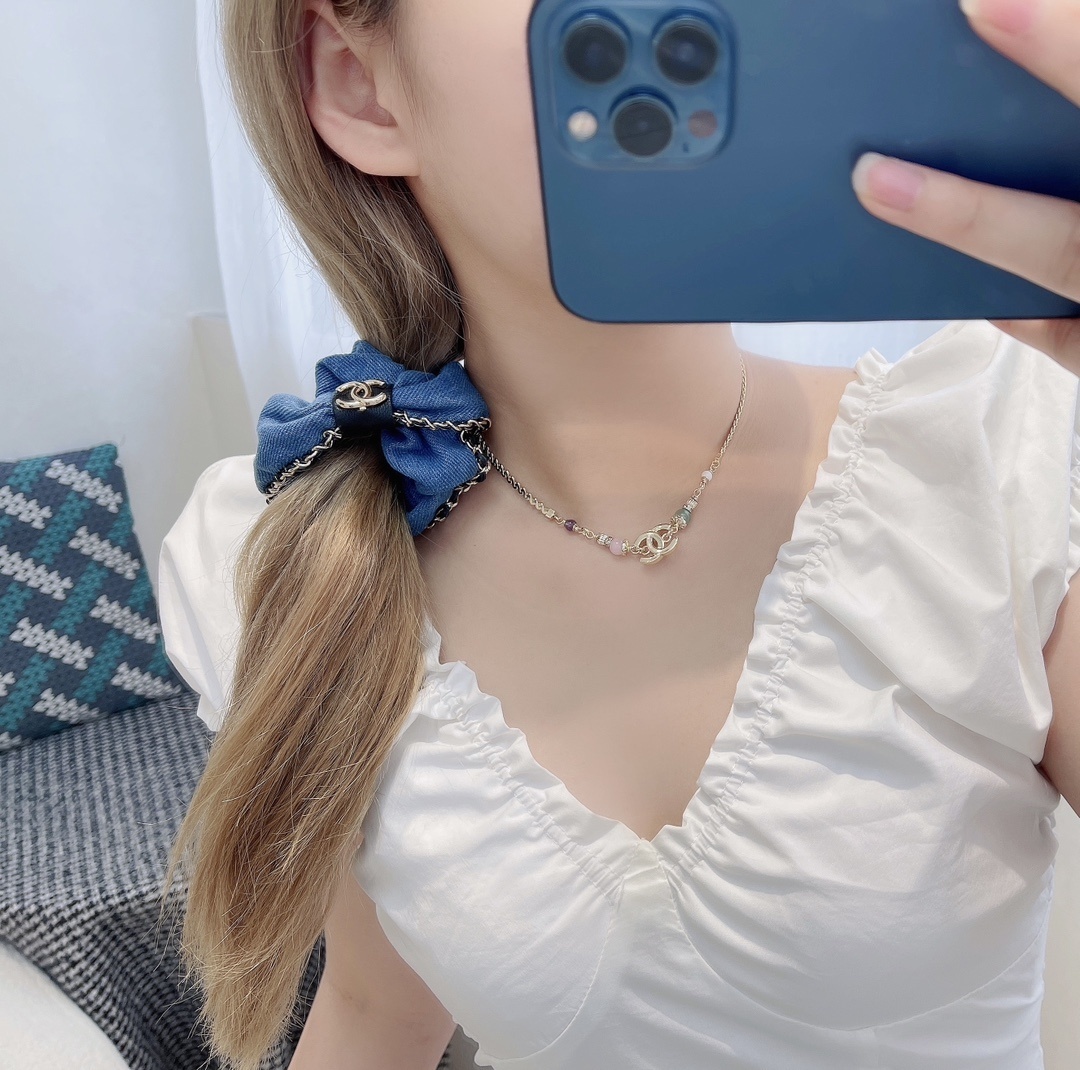 Luxury Chanel Denim Scrunchie with Gold Chain & CC Logo