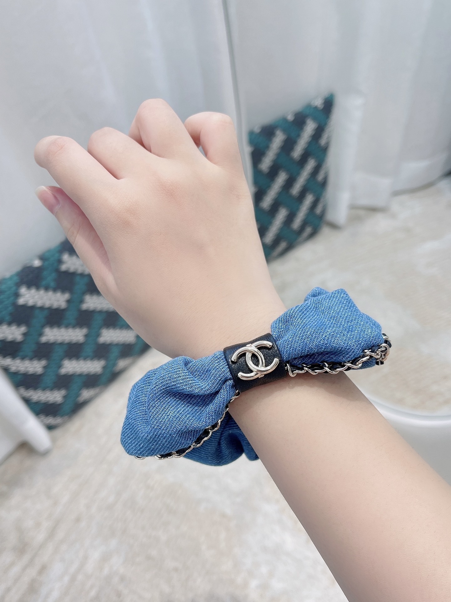 Luxury Chanel Denim Scrunchie with Gold Chain & CC Logo