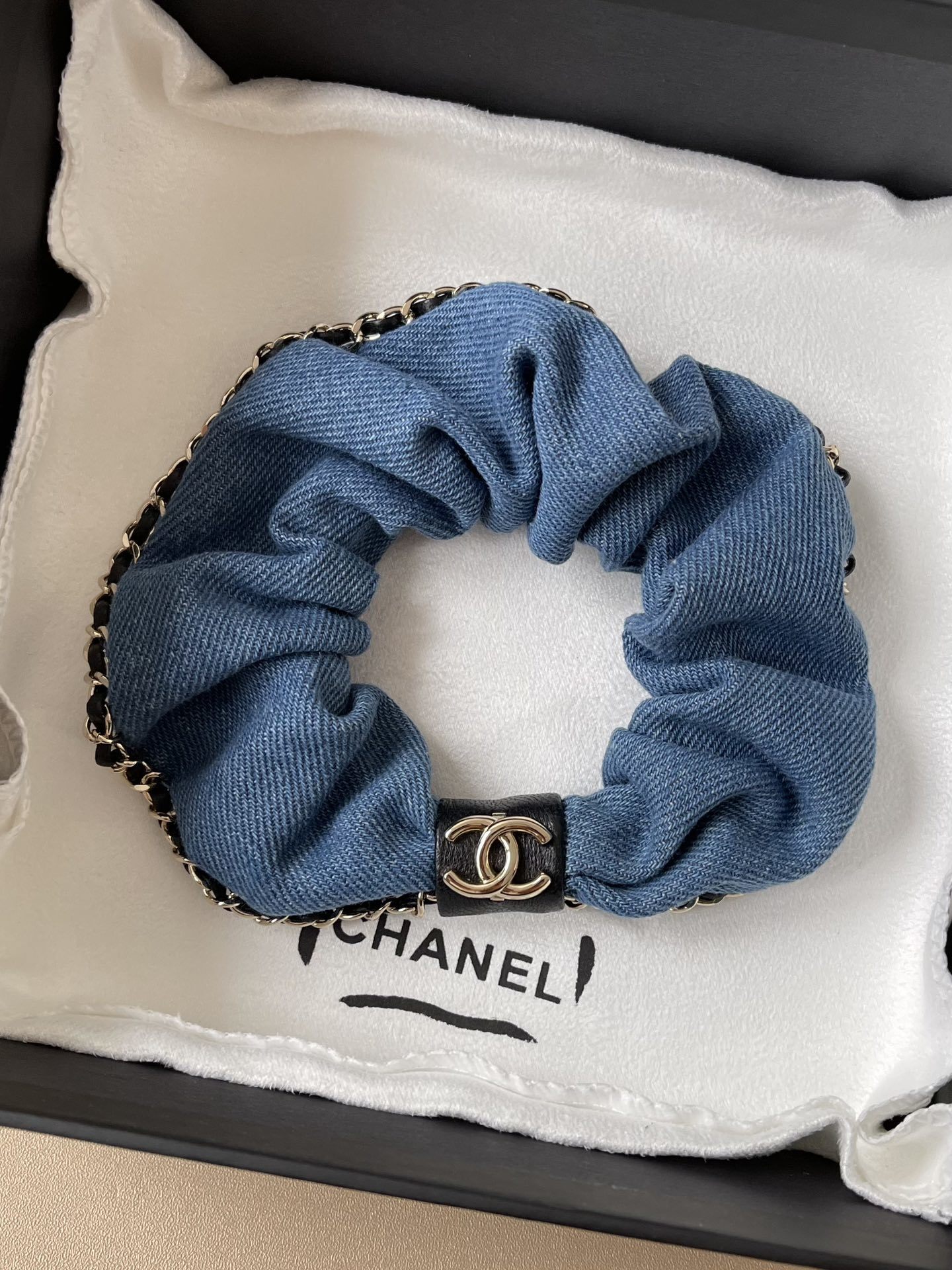 Luxury Chanel Denim Scrunchie with Gold Chain & CC Logo
