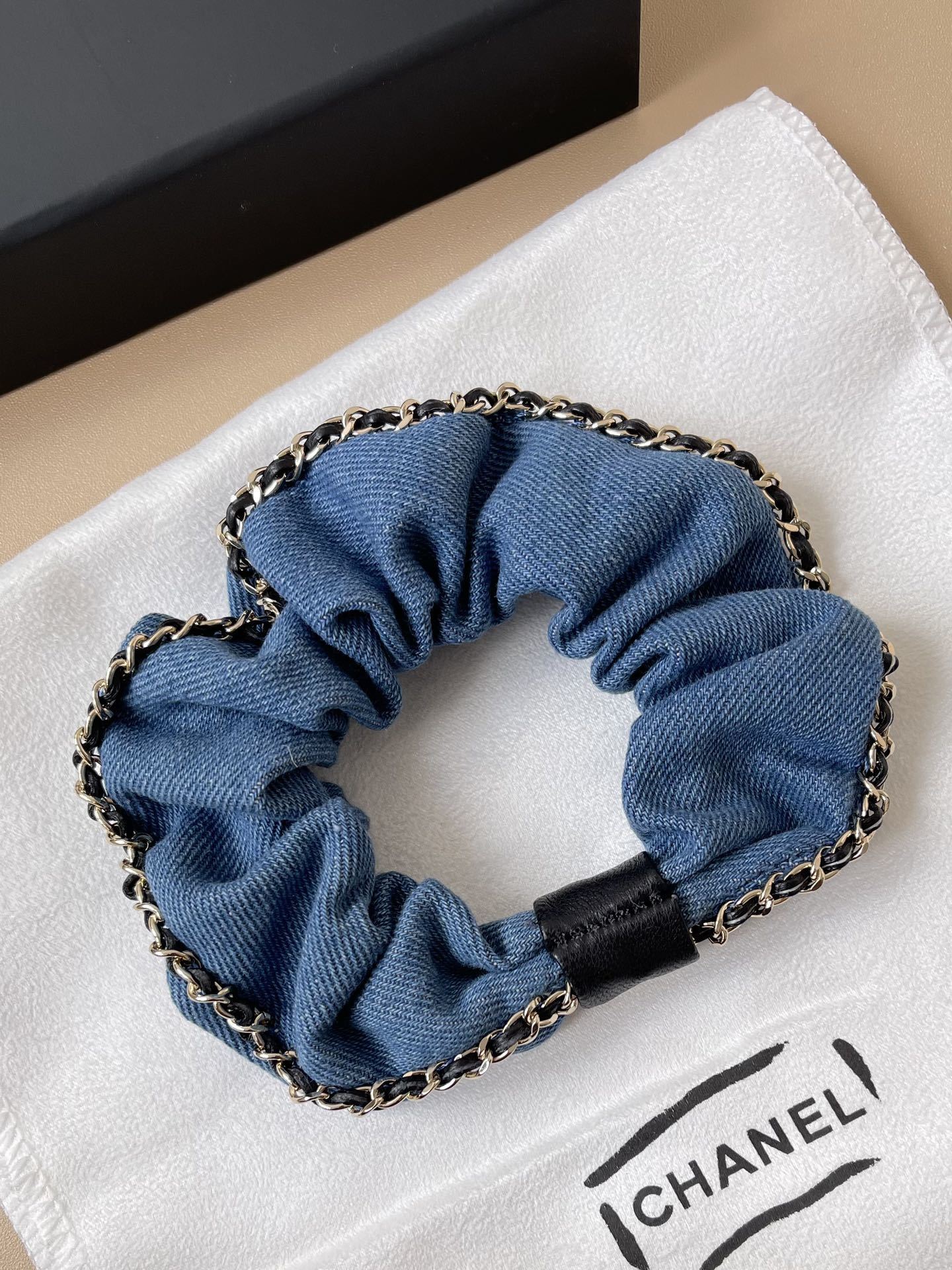 Luxury Chanel Denim Scrunchie with Gold Chain & CC Logo