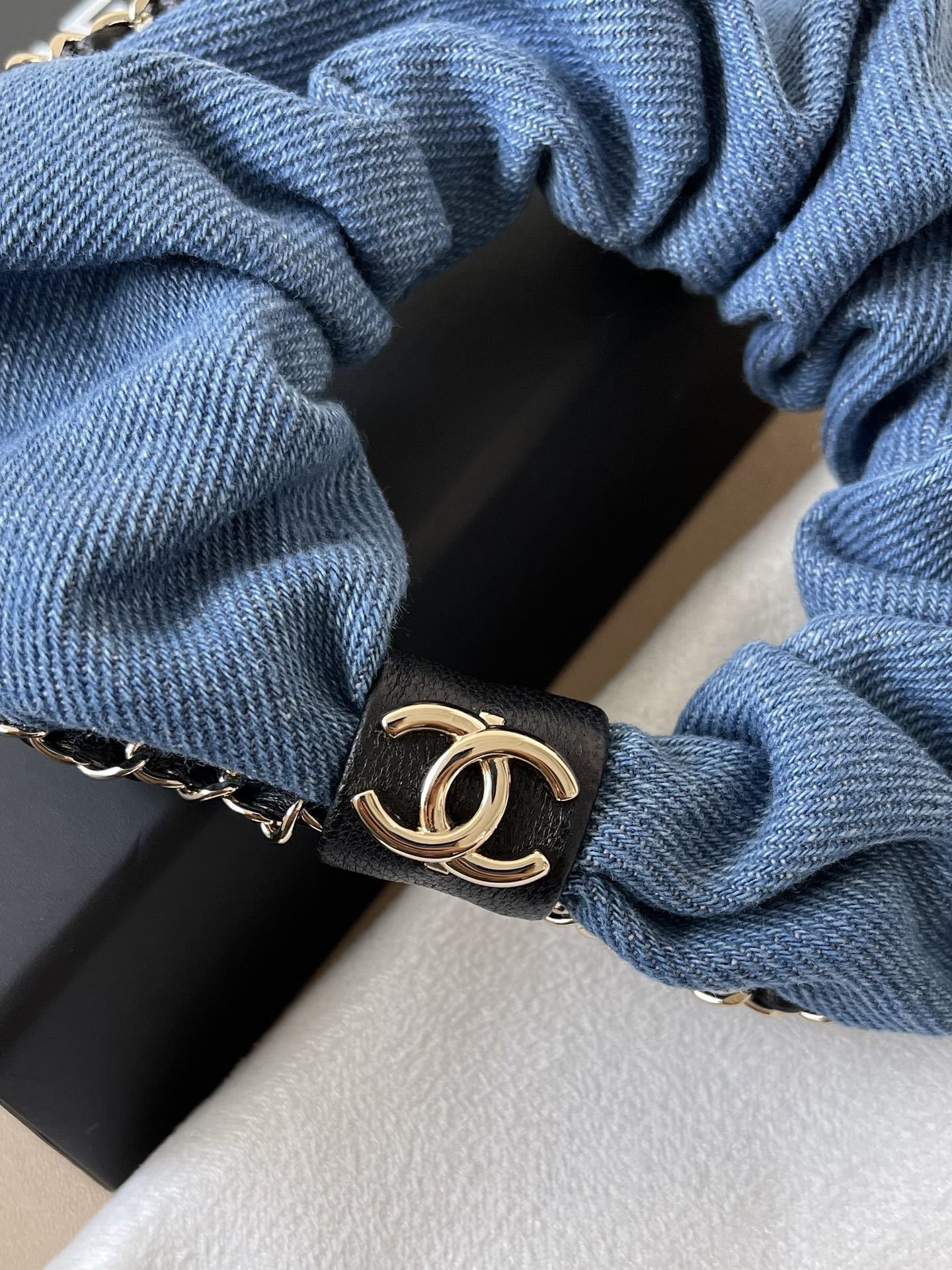 Luxury Chanel Denim Scrunchie with Gold Chain & CC Logo