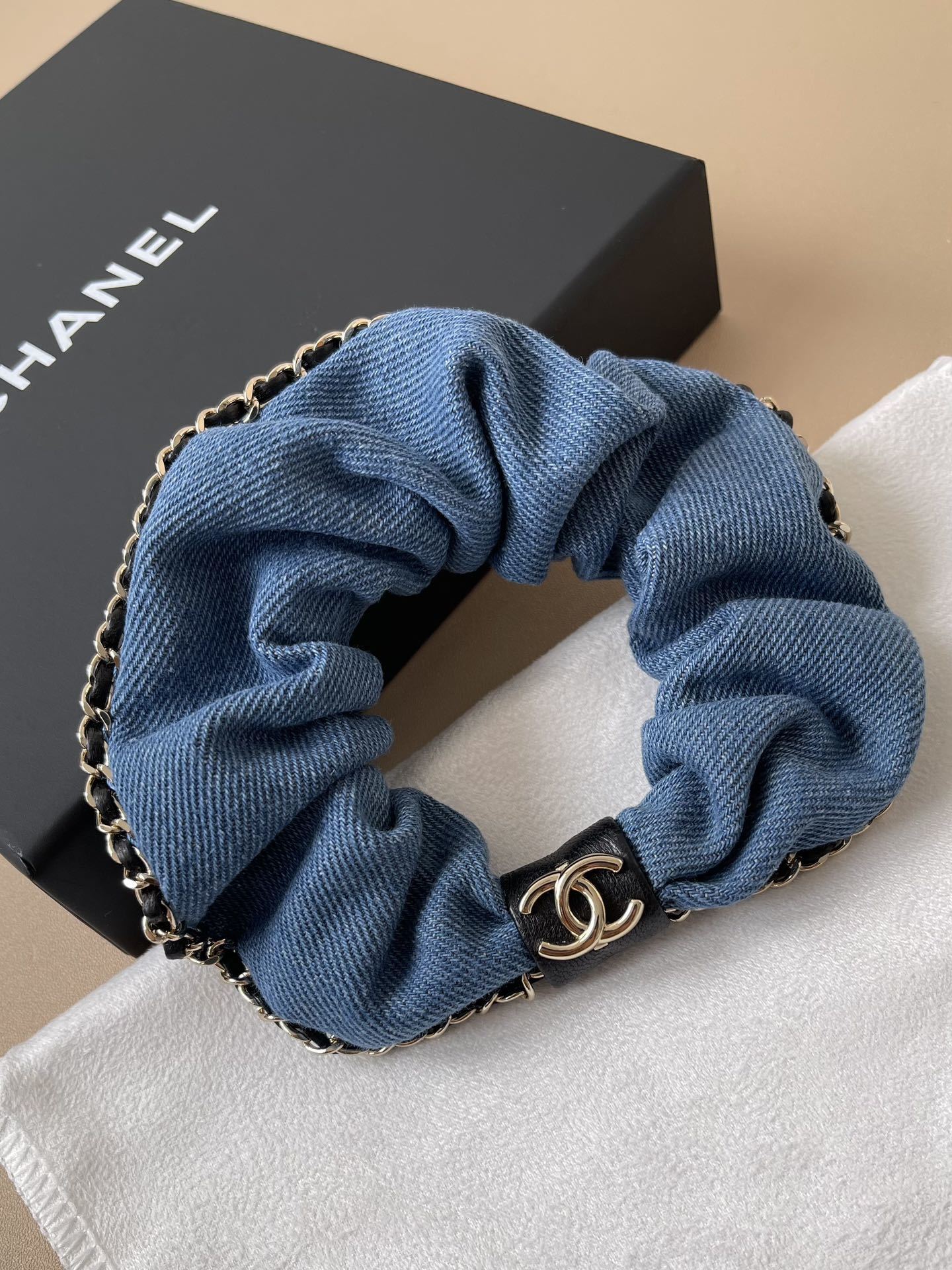 Luxury Chanel Denim Scrunchie with Gold Chain & CC Logo