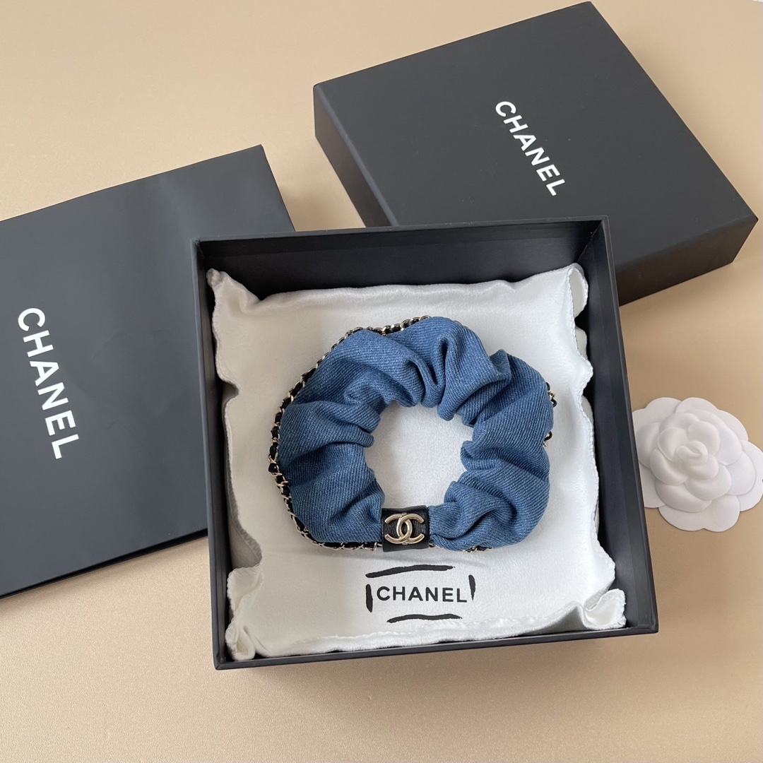 Luxury Chanel Denim Scrunchie with Gold Chain & CC Logo