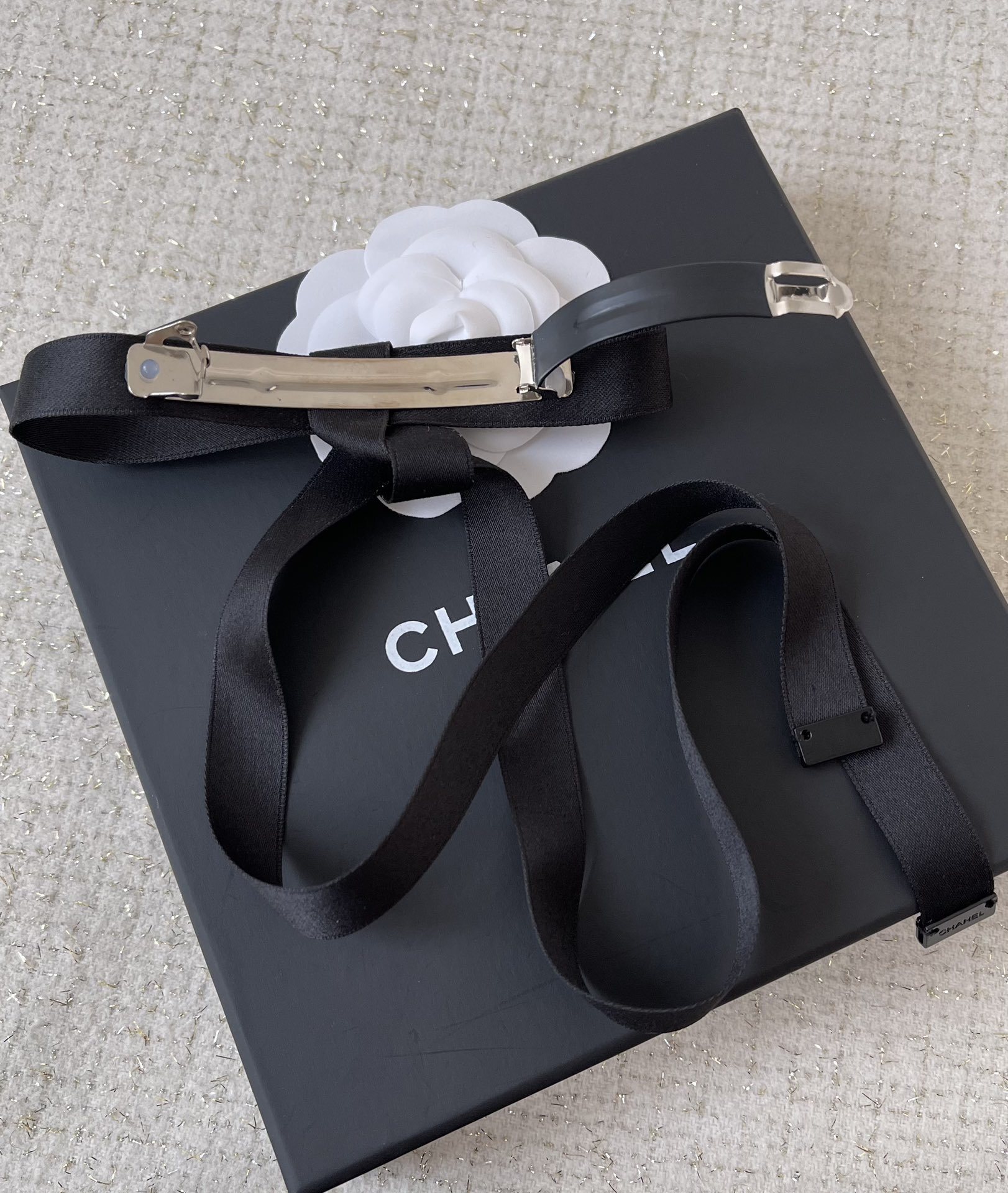 Chanel Black Silk Ribbon Bow Hair Clip with Crystal CC Logo