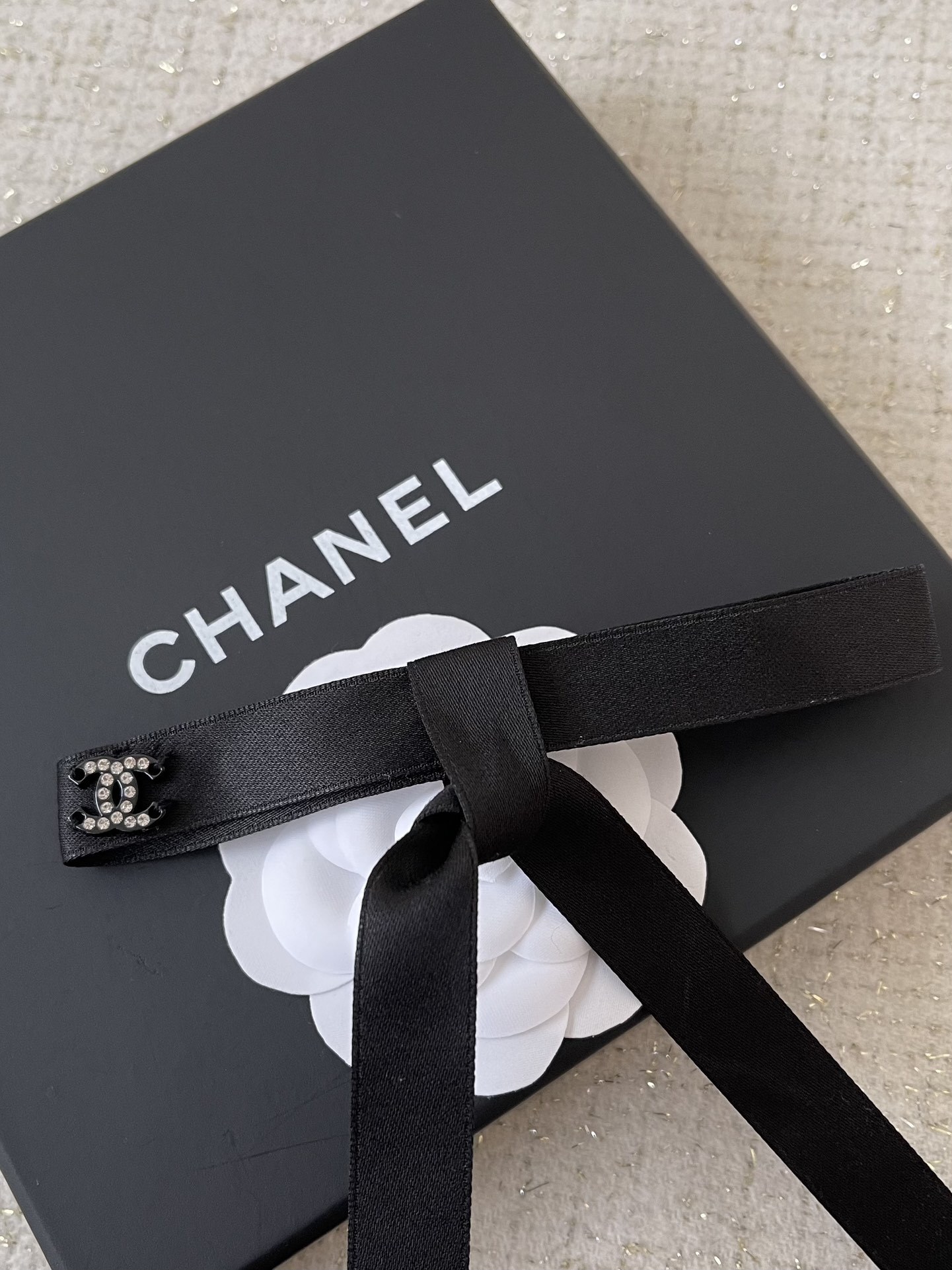 Chanel Black Silk Ribbon Bow Hair Clip with Crystal CC Logo