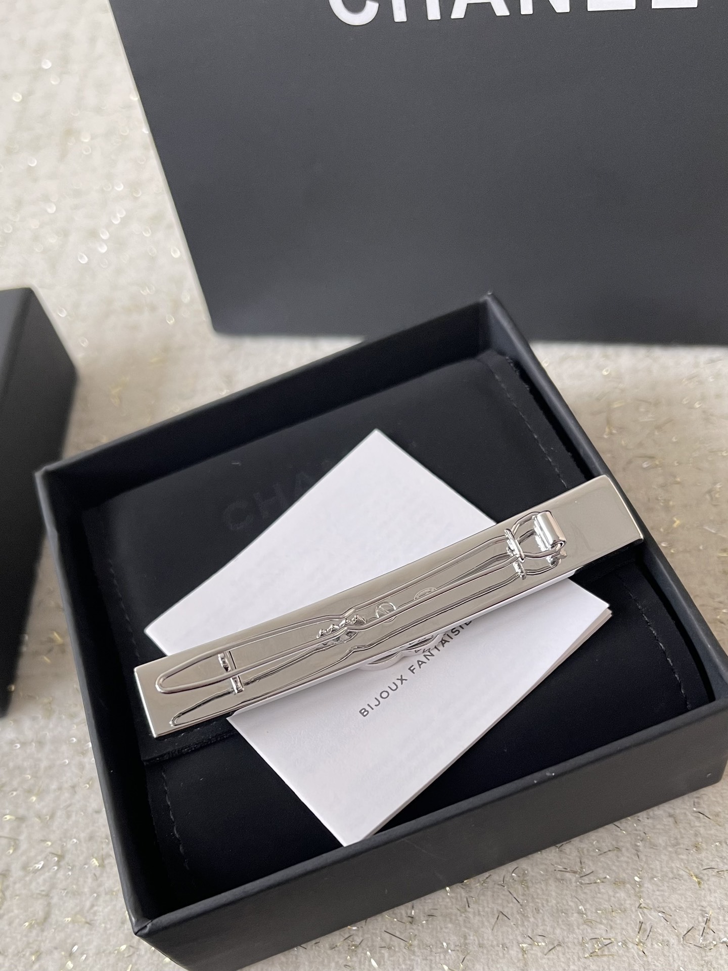 Luxury Chanel Denim CC Logo Barrette Hair Clip - Silver Finish