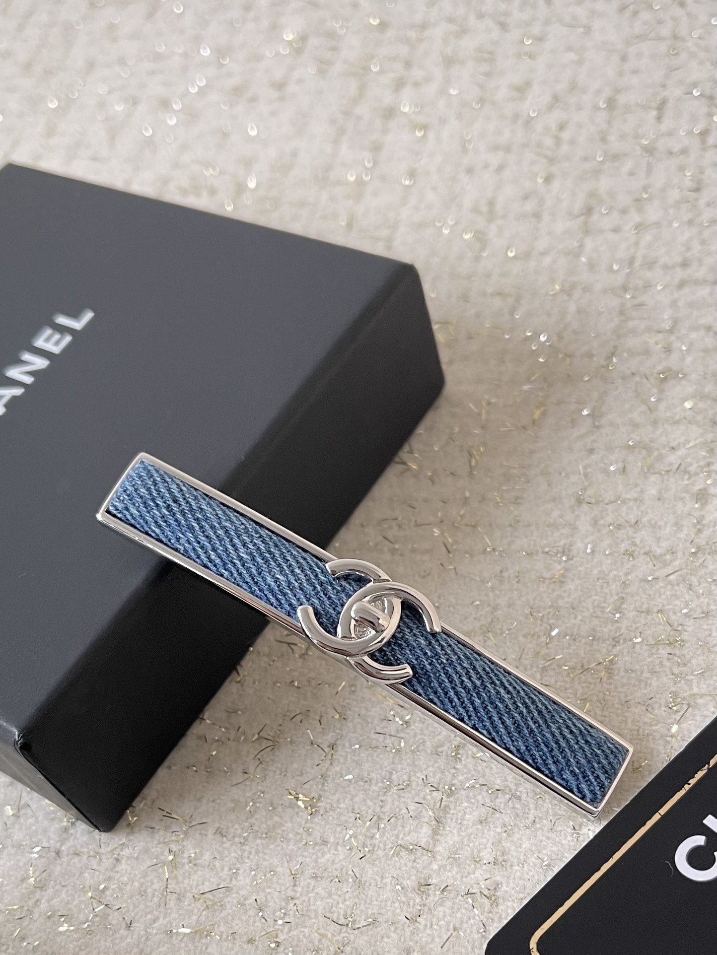Luxury Chanel Denim CC Logo Barrette Hair Clip - Silver Finish