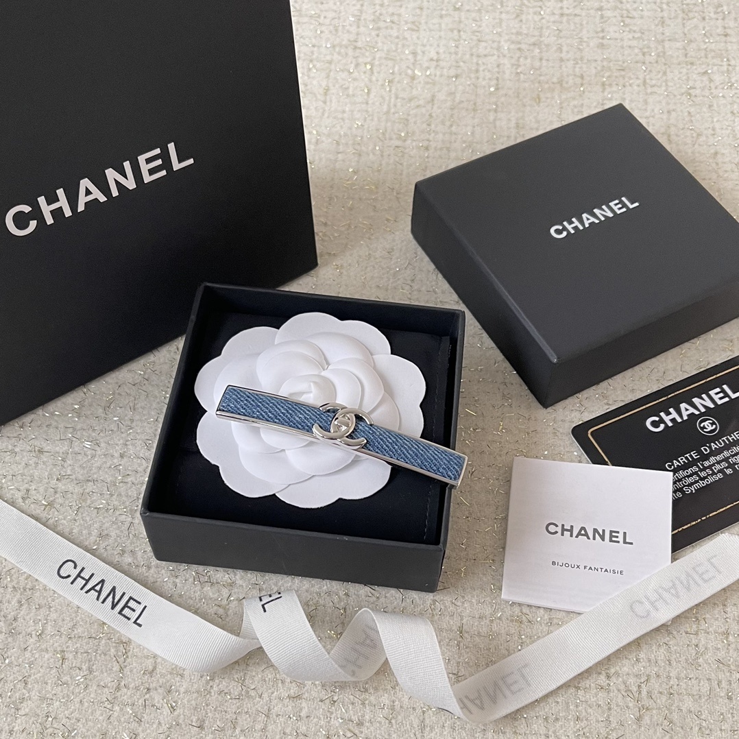 Luxury Chanel Denim CC Logo Barrette Hair Clip - Silver Finish