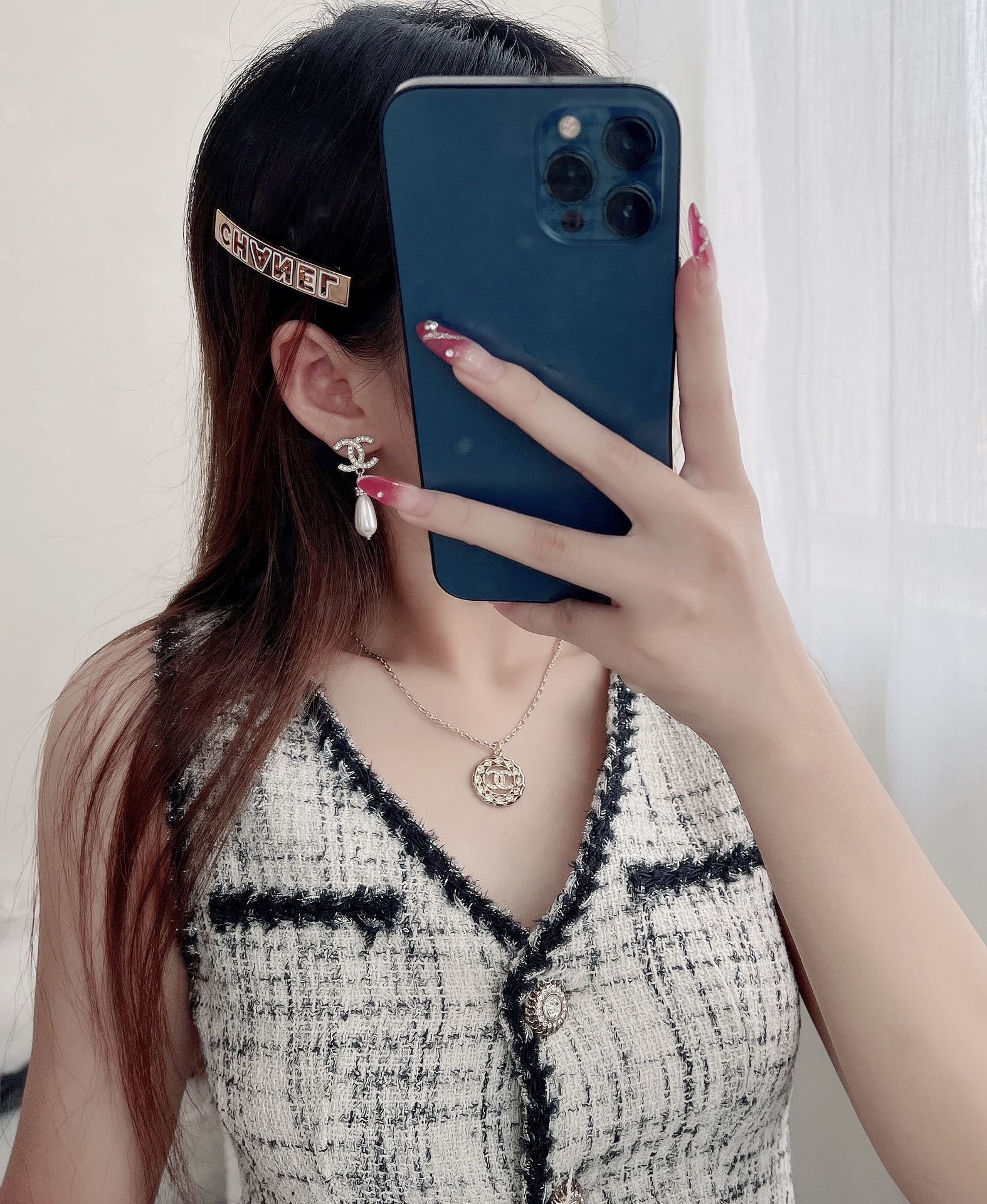 Elegant Chanel Gold Hair Barrette with White Enamel Lettering