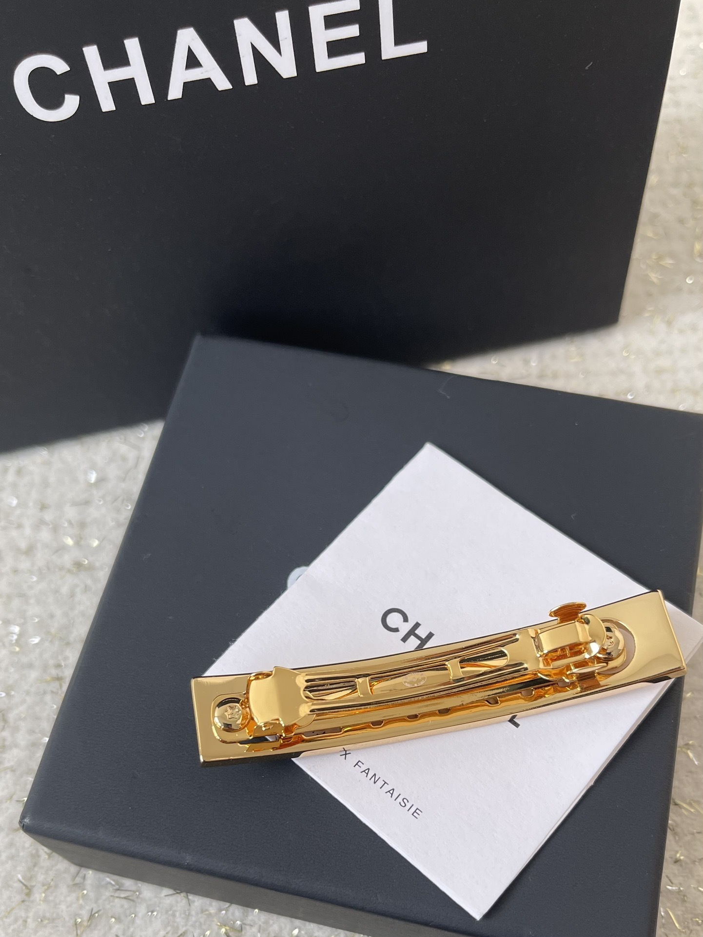 Chanel Gold-Tone & Black Enamel Logo Hair Clip Barrette