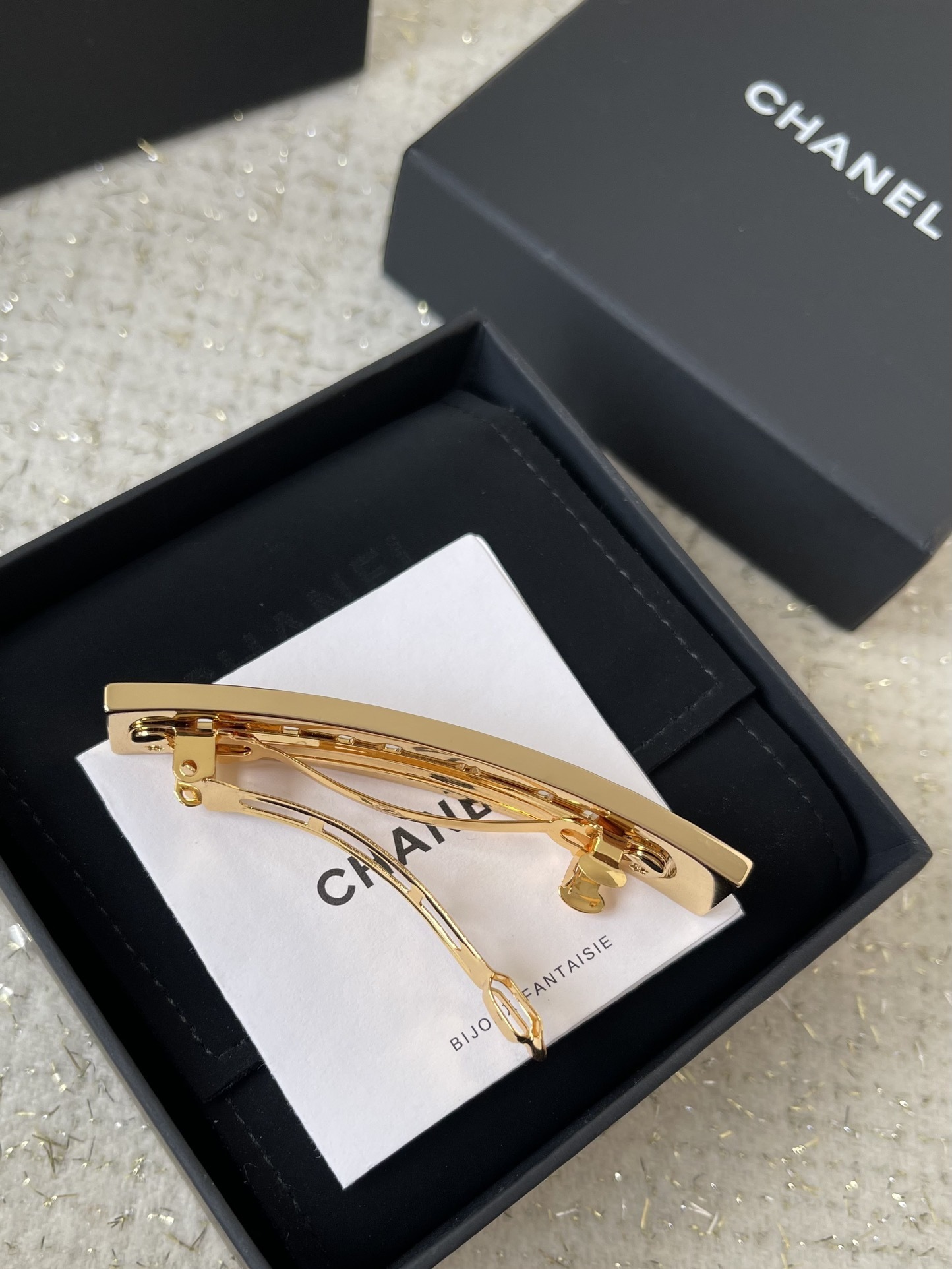 Chanel Gold-Tone & Black Enamel Logo Hair Clip Barrette