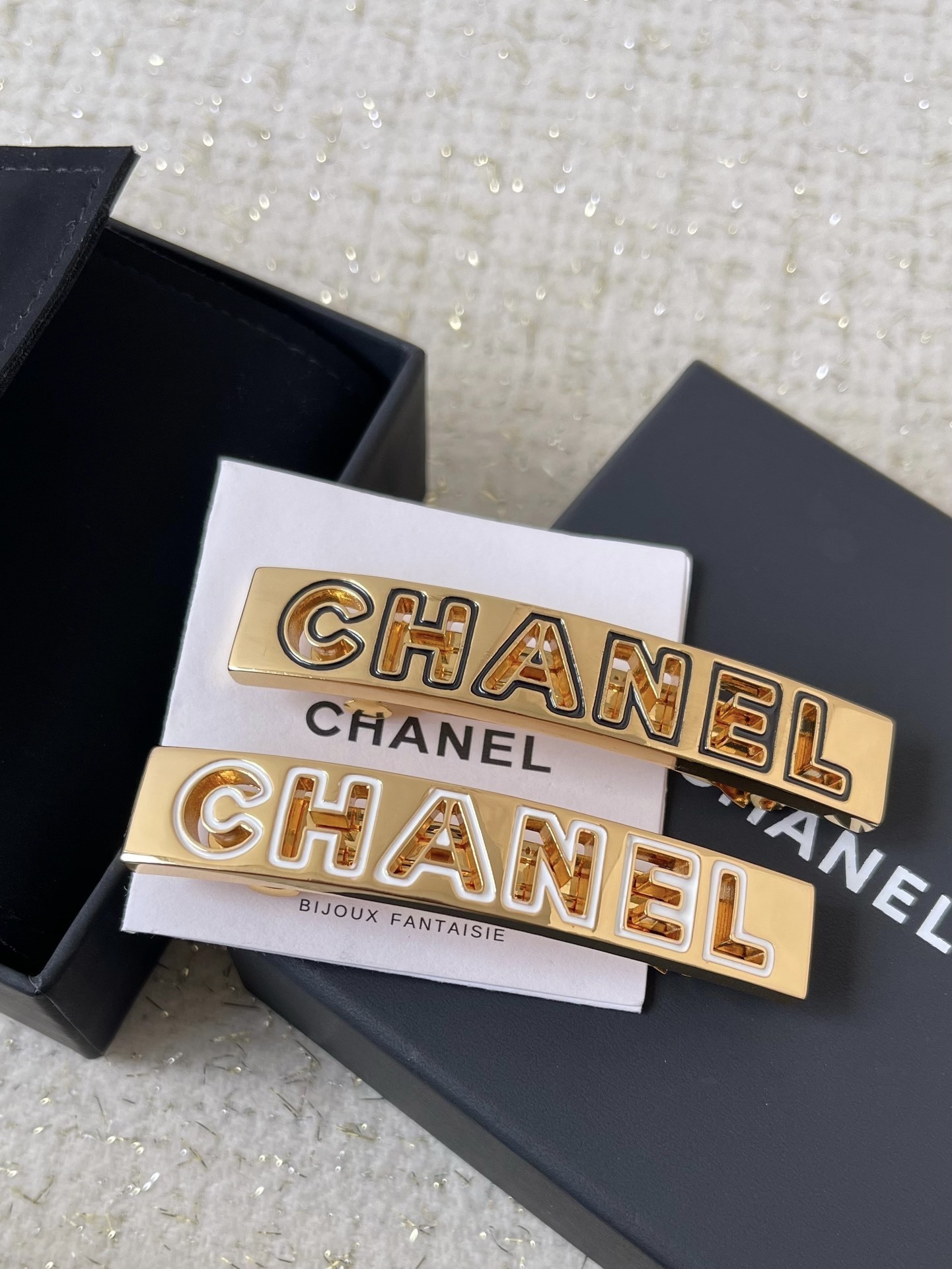 Chanel Gold-Tone & Black Enamel Logo Hair Clip Barrette