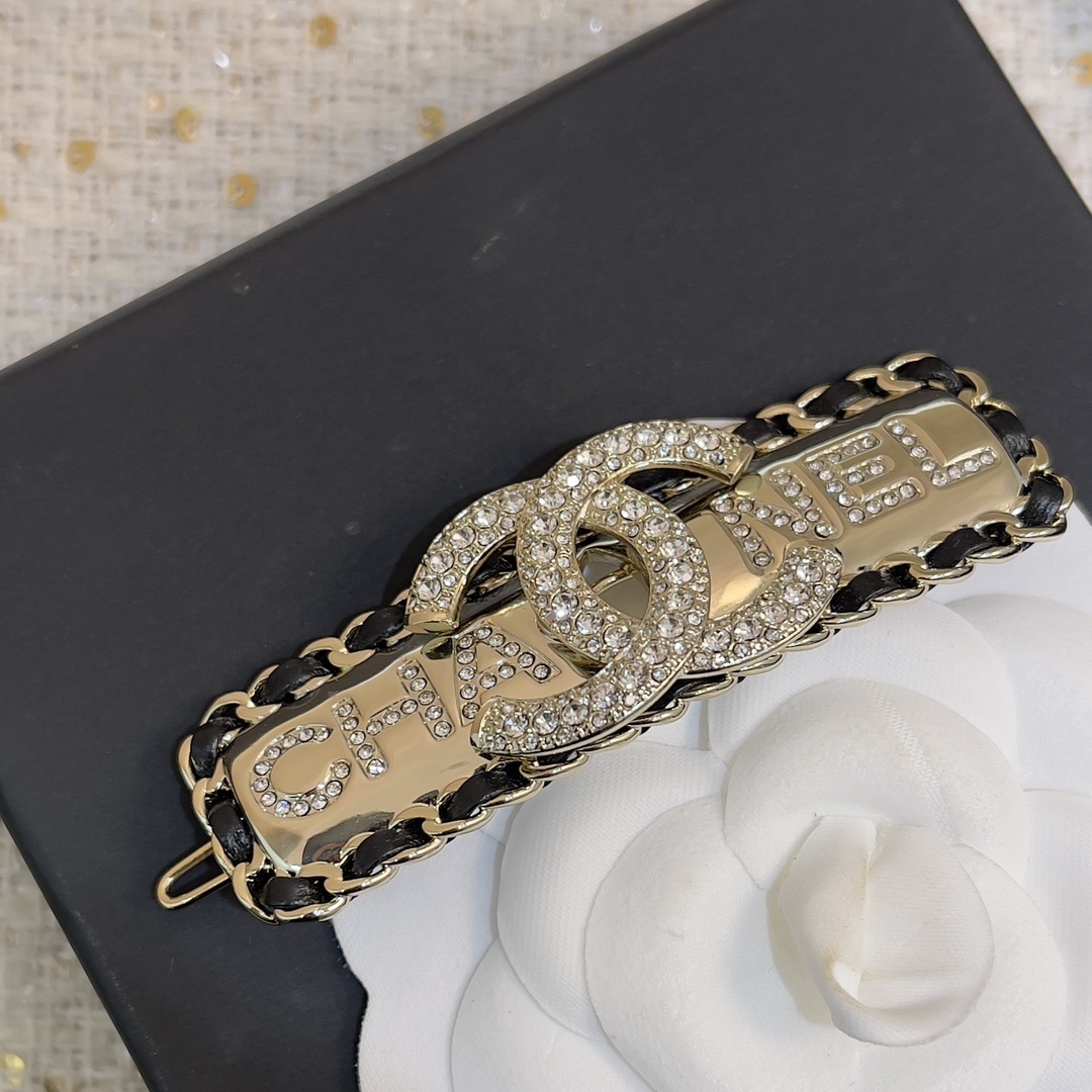 Luxury Crystal Logo Hair Clip with Interwoven Leather Chain
