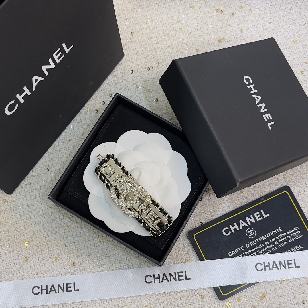 Luxury Crystal Logo Hair Clip with Interwoven Leather Chain