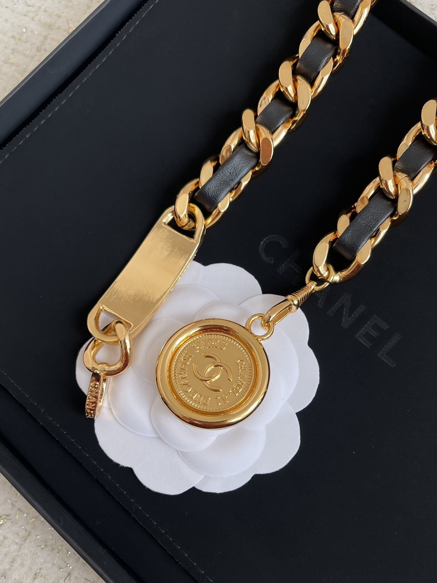 Luxury Gold & Black Leather Chain Belt with Vintage Coin Charm