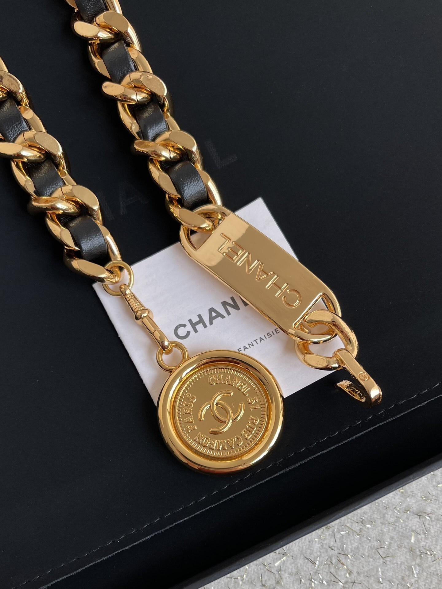 Luxury Gold & Black Leather Chain Belt with Vintage Coin Charm