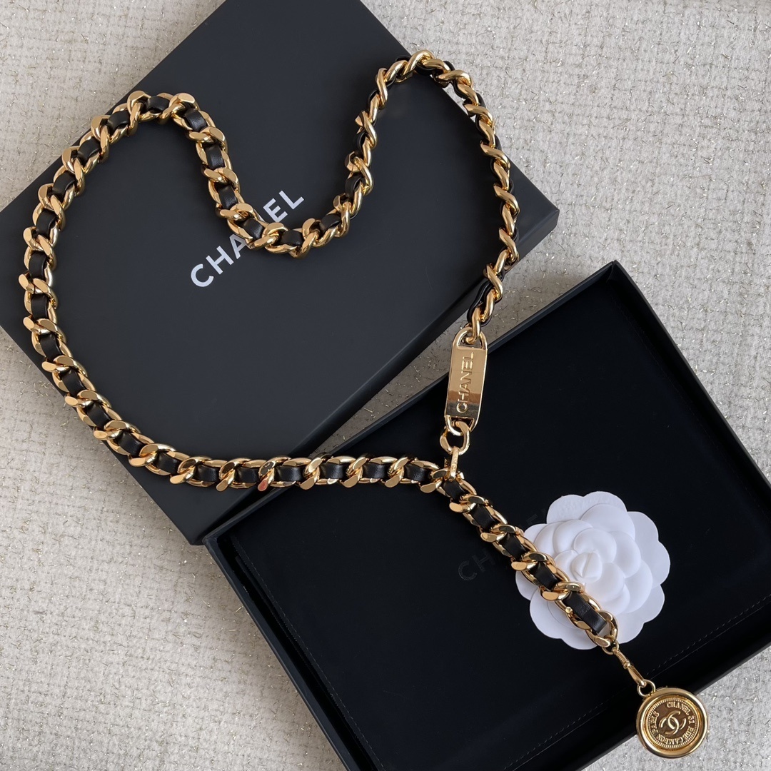Luxury Gold & Black Leather Chain Belt with Vintage Coin Charm