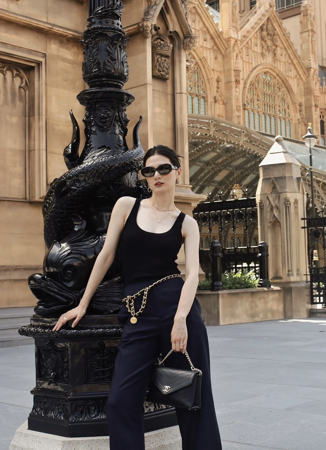 Luxury Gold & Black Leather Chain Belt with Vintage Coin Charm