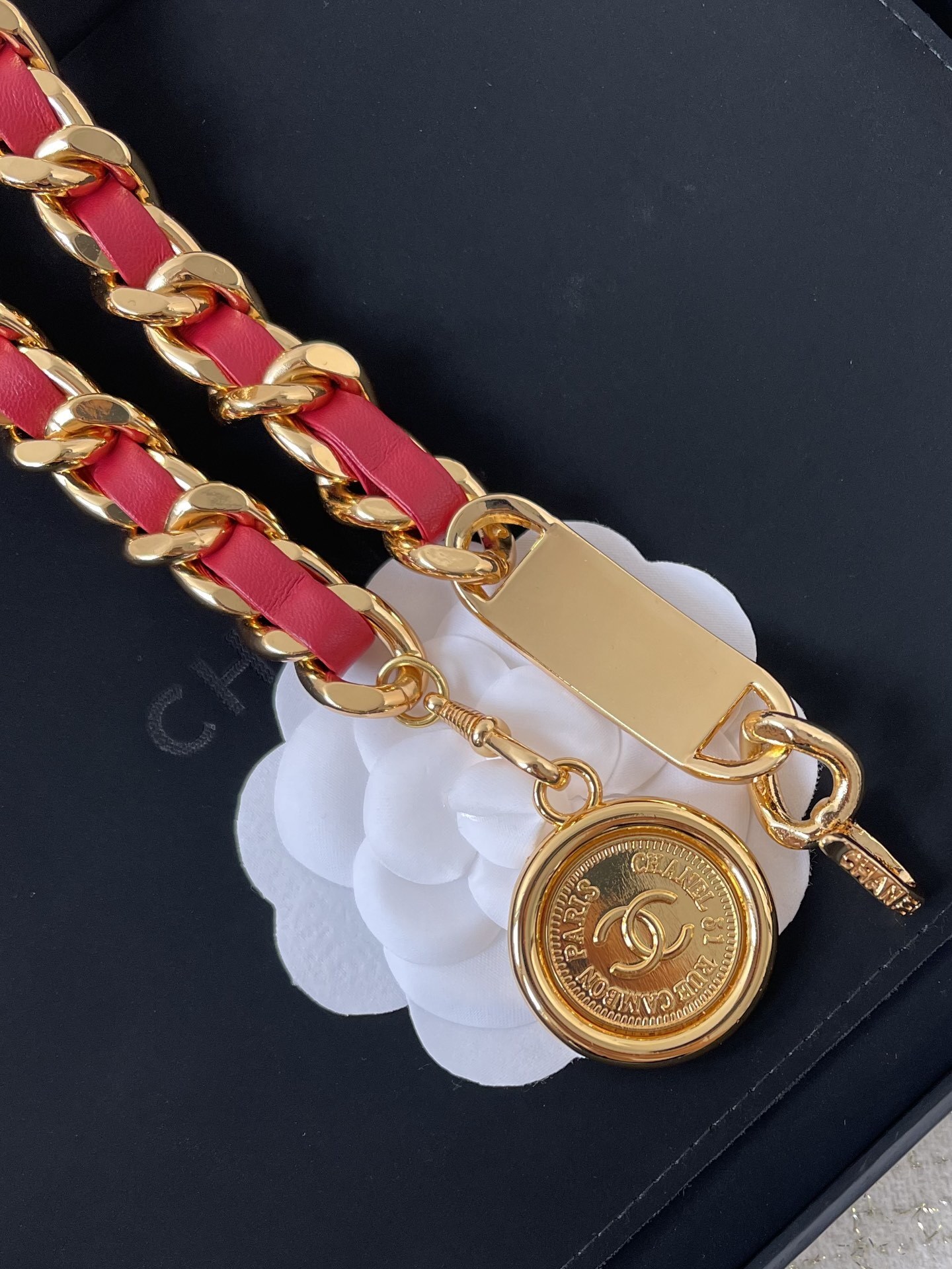 Luxury Gold Chain Belt with Red Leather & Logo Medallion Charm