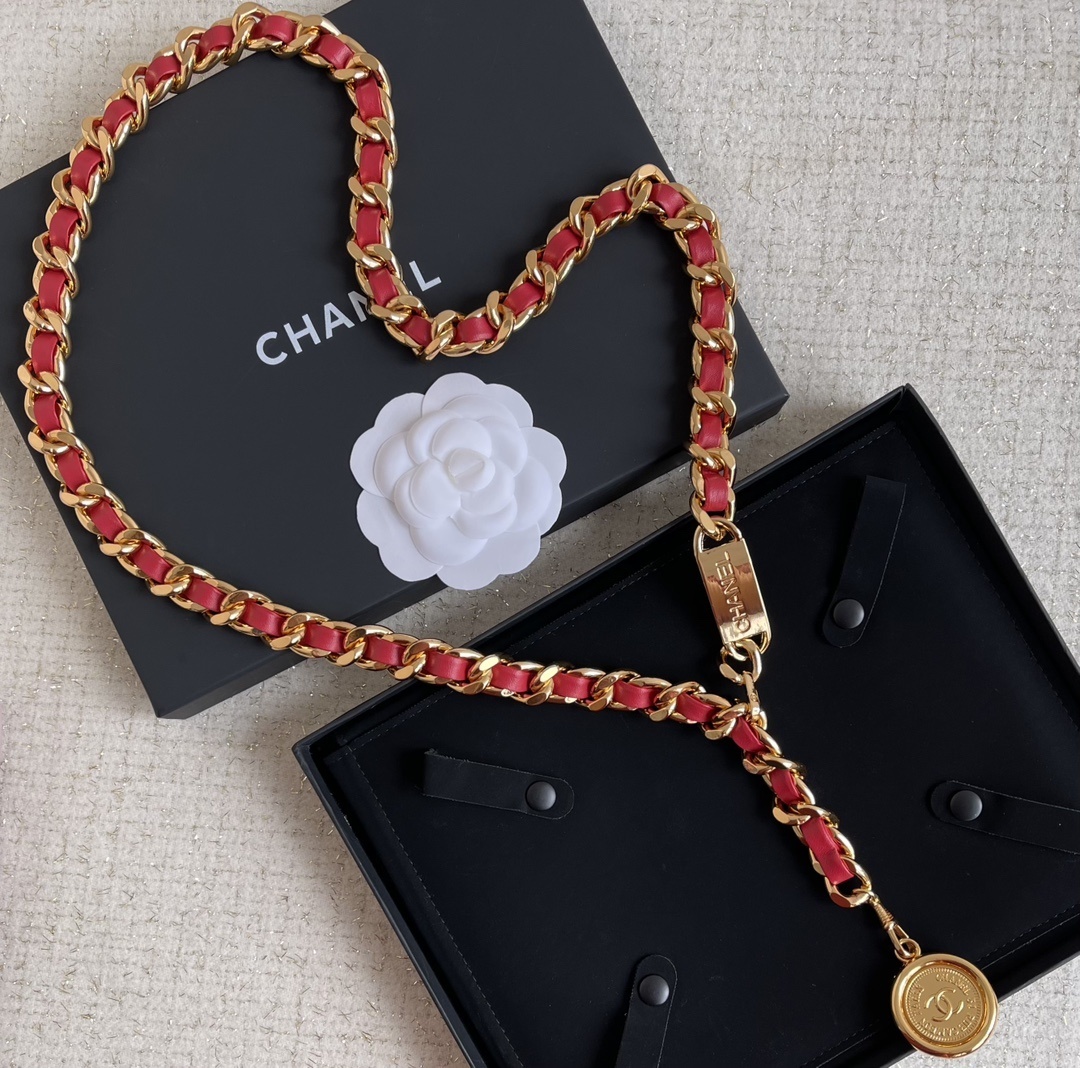 Luxury Gold Chain Belt with Red Leather & Logo Medallion Charm