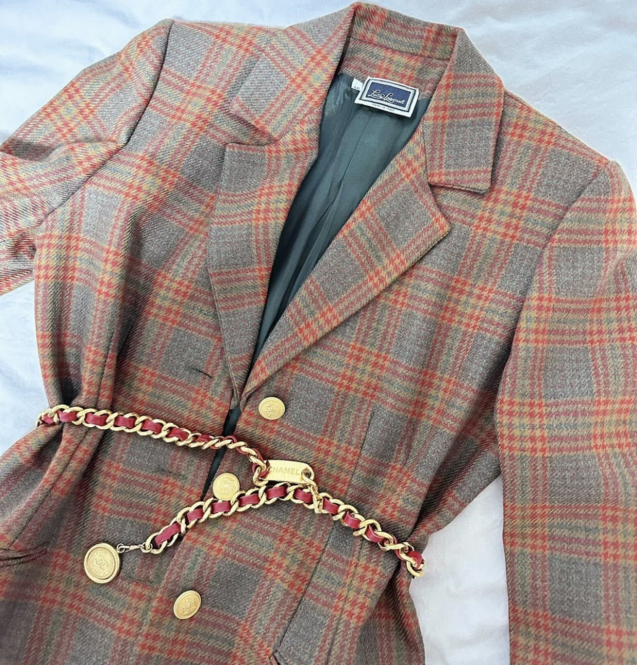 Luxury Gold Chain Belt with Red Leather & Logo Medallion Charm