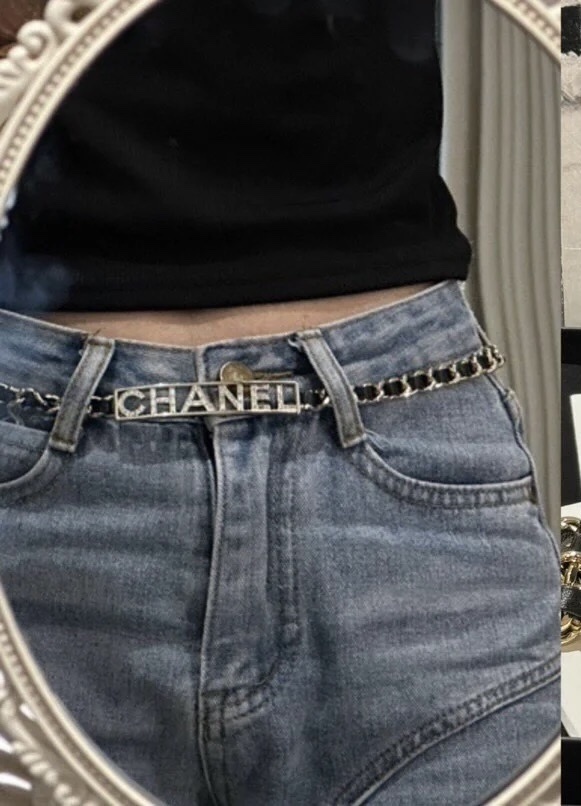 Luxury Chanel Gold Chain Belt with Crystal Logo & Leather Detail