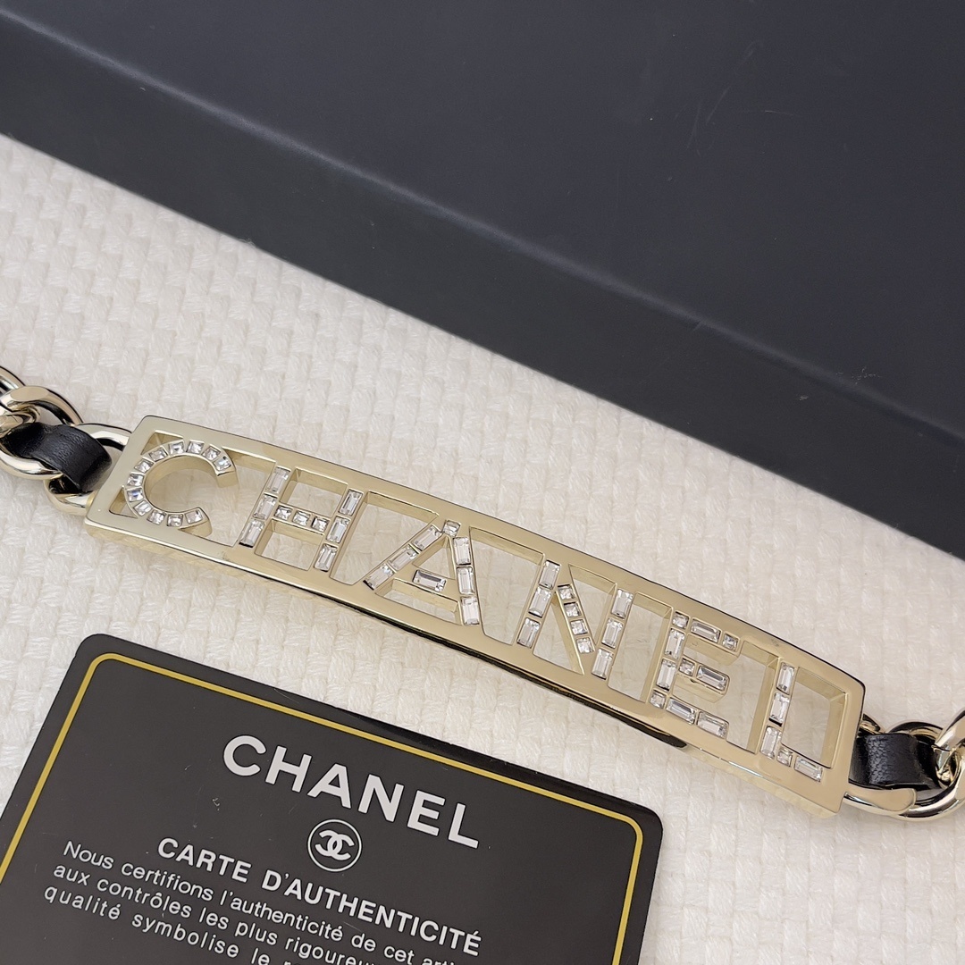 Luxury Chanel Gold Chain Belt with Crystal Logo & Leather Detail