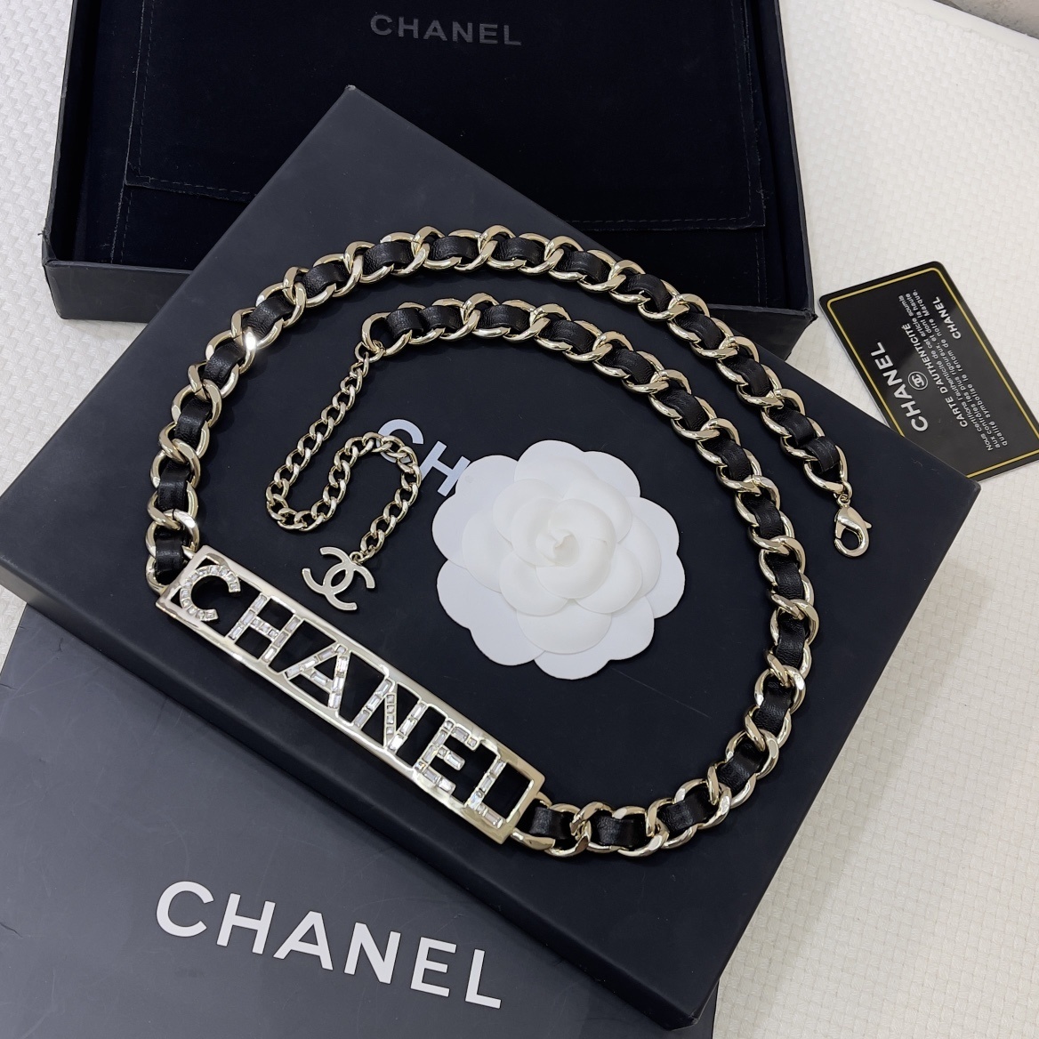 Luxury Chanel Gold Chain Belt with Crystal Logo & Leather Detail