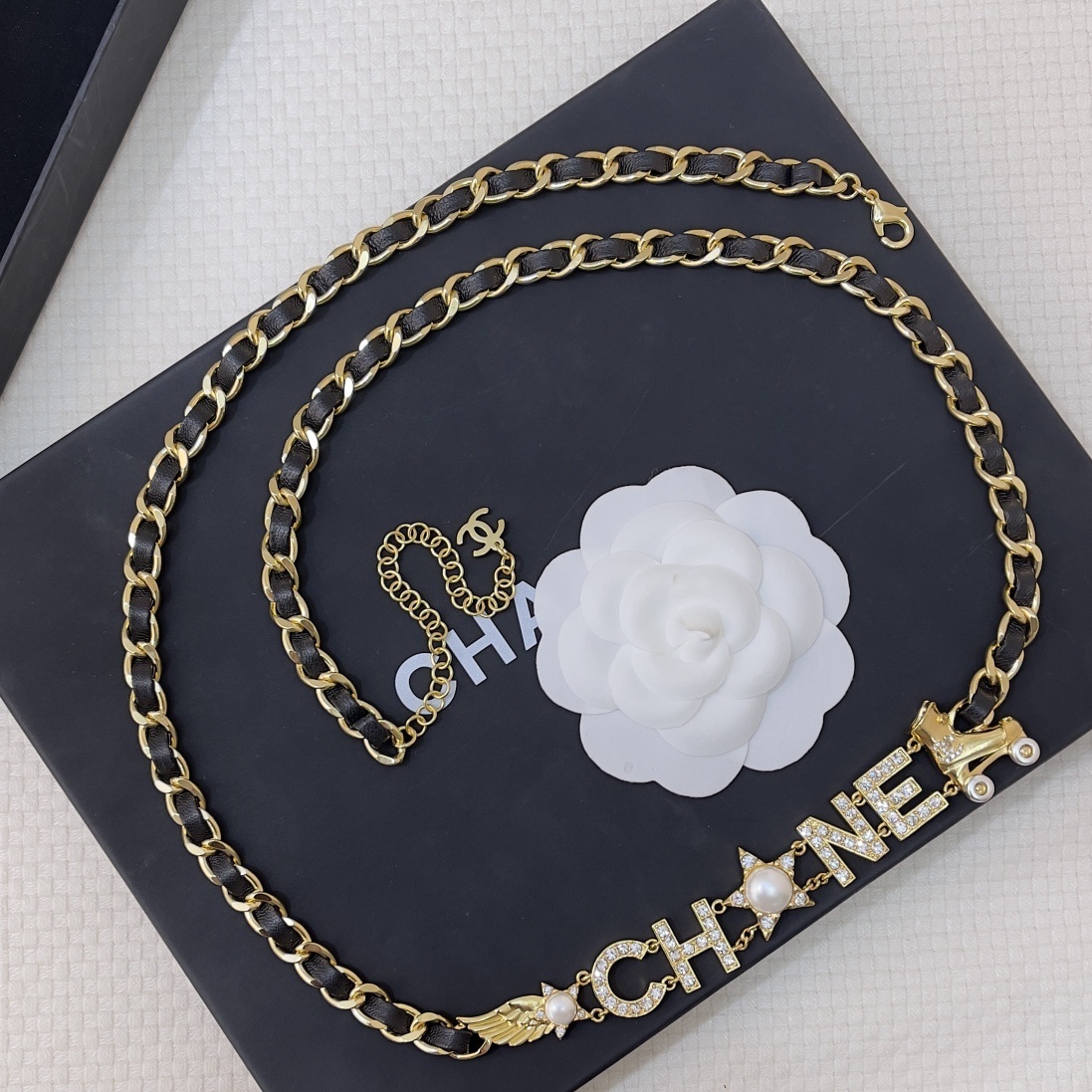 Chanel Gold-Tone Chain Belt with Crystal Lettering & Roller Skate