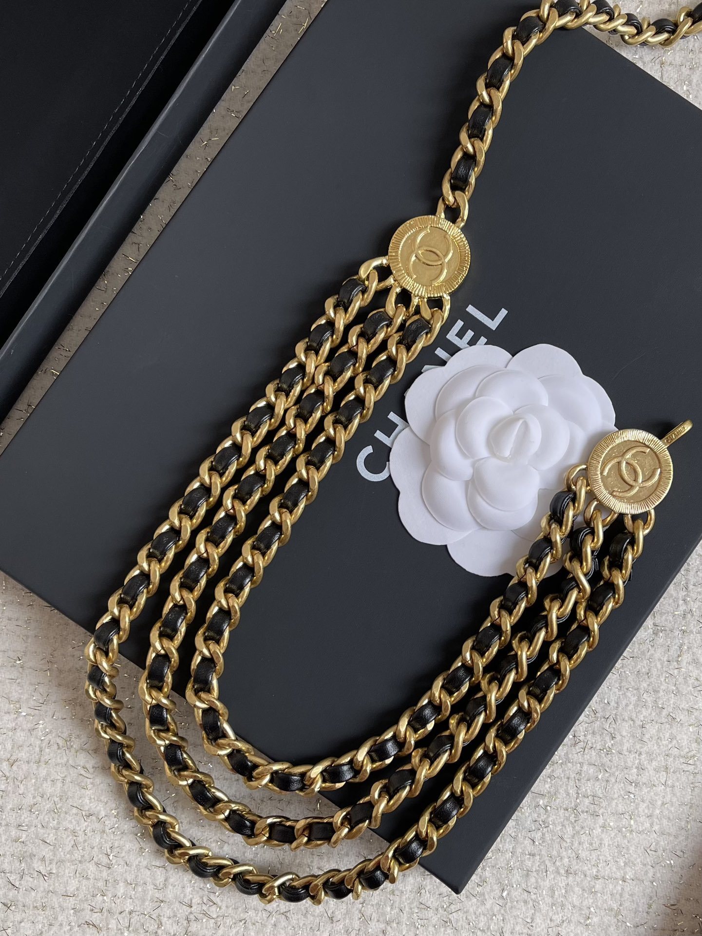 Elegant Multi-Layer Gold Waist Chain Belt with Logo Medallions
