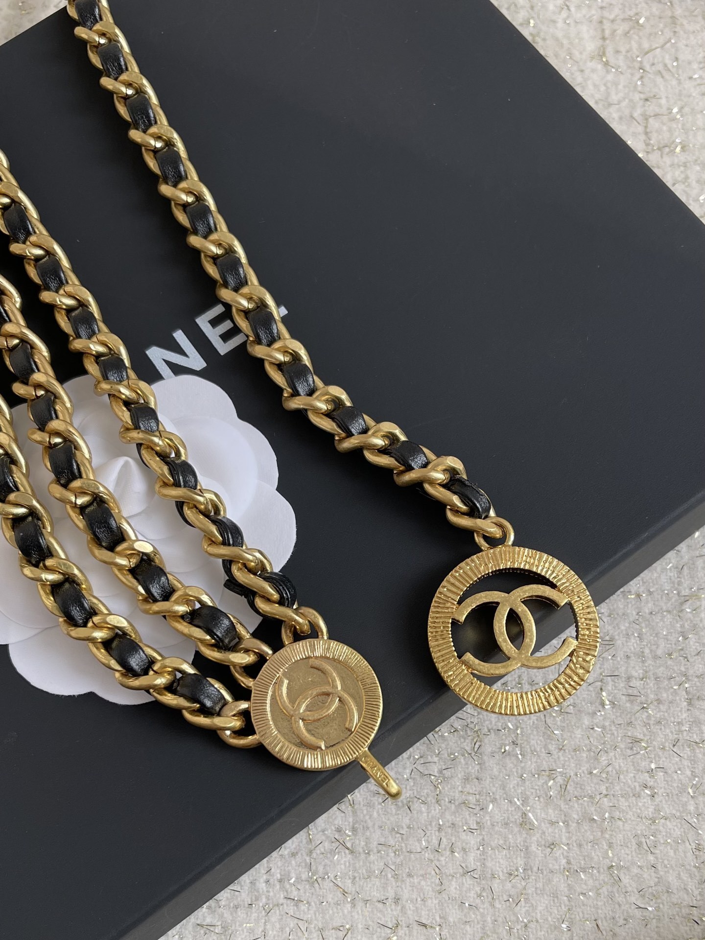 Elegant Multi-Layer Gold Waist Chain Belt with Logo Medallions