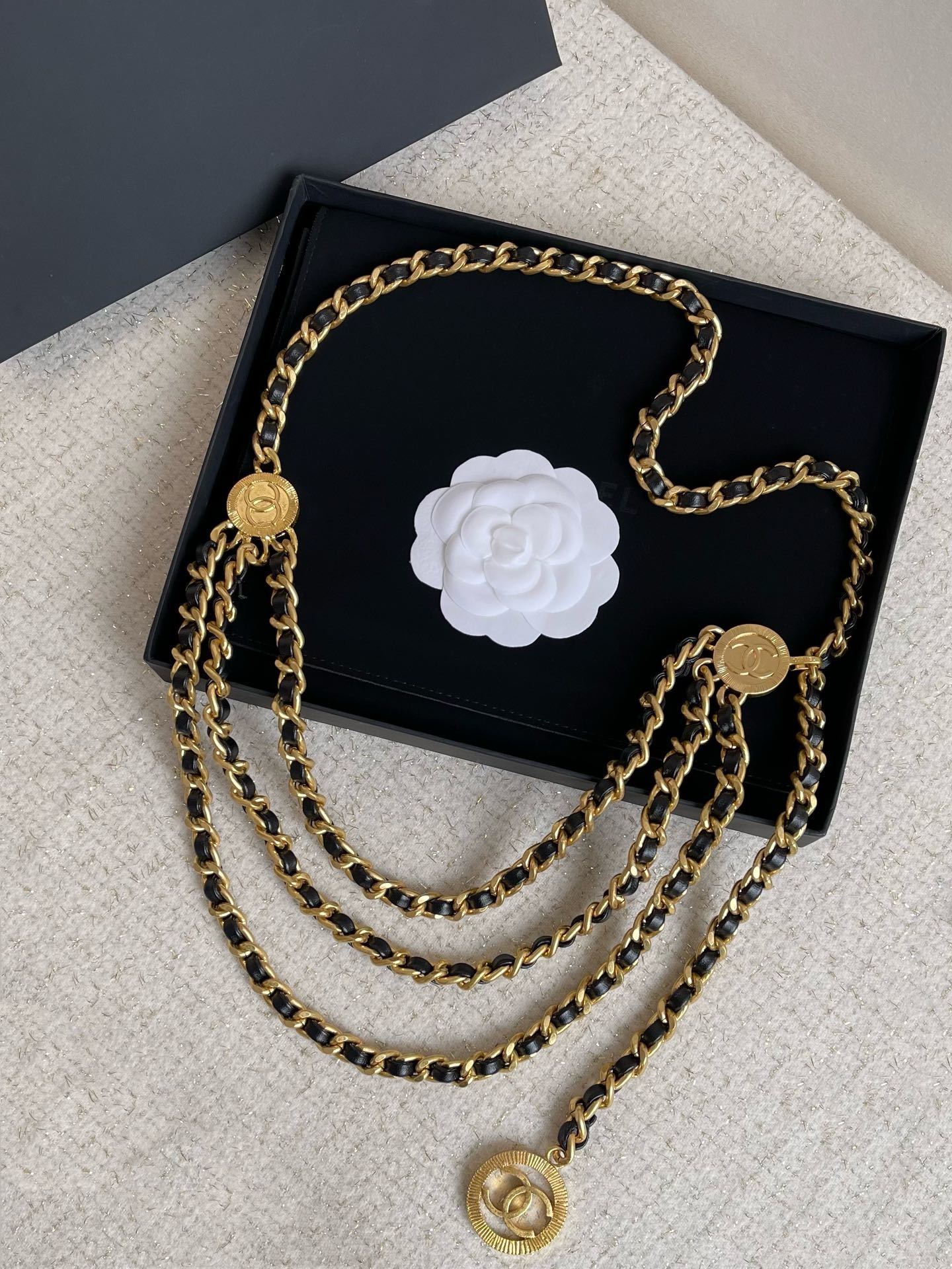 Elegant Multi-Layer Gold Waist Chain Belt with Logo Medallions