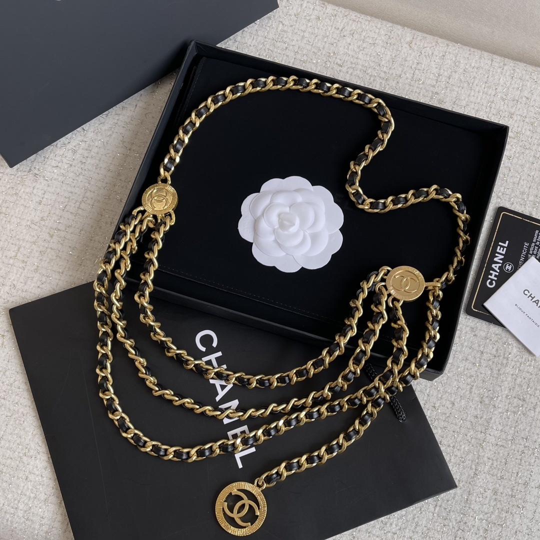 Elegant Multi-Layer Gold Waist Chain Belt with Logo Medallions
