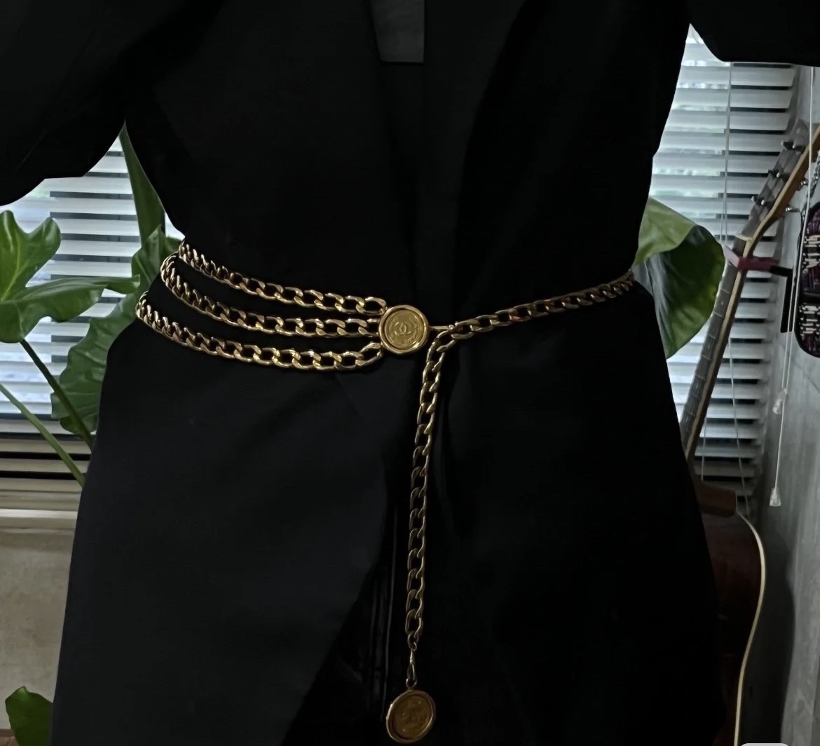 Elegant Multi-Layer Gold Waist Chain Belt with Logo Medallions