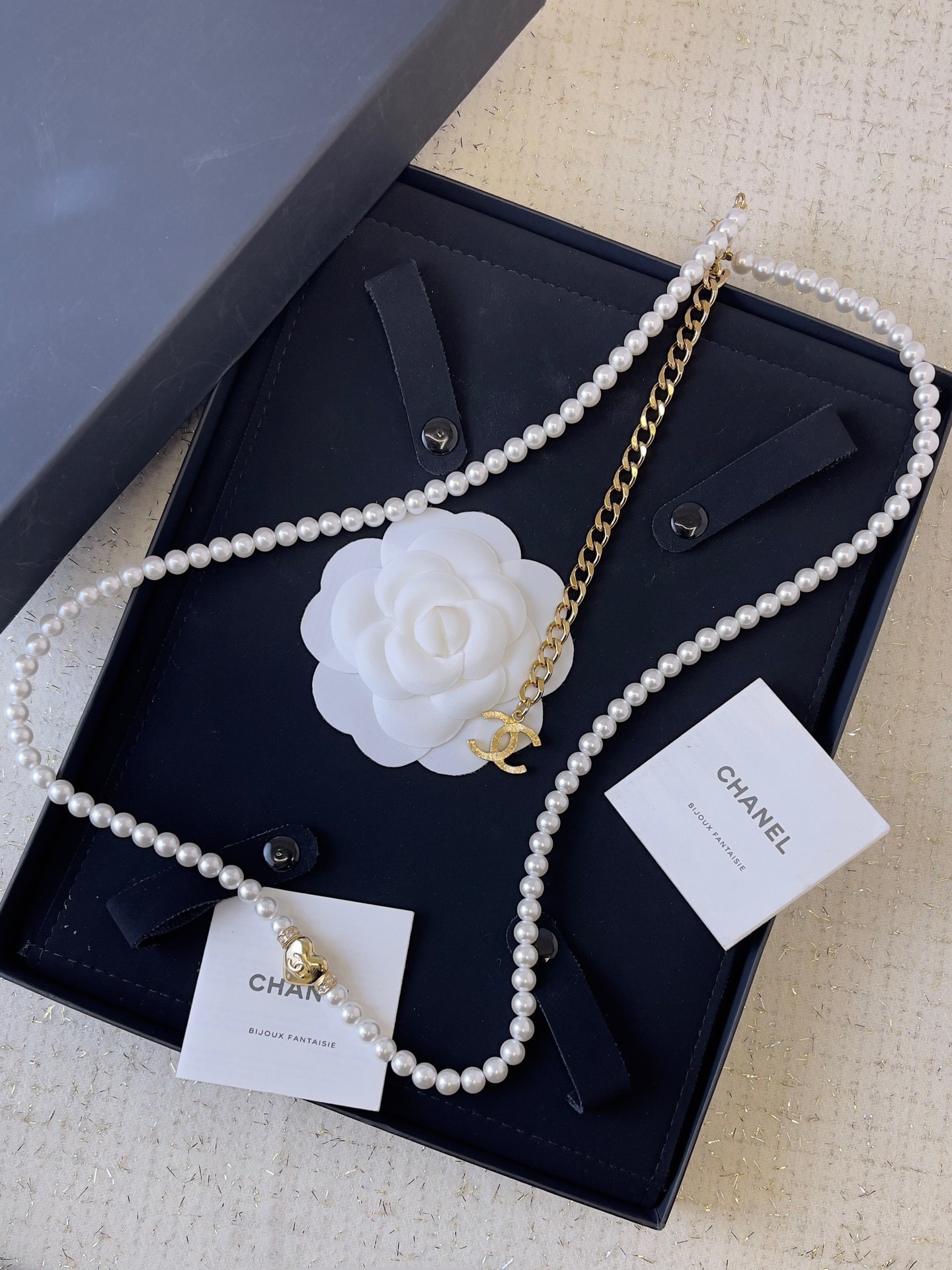 Chanel Luxury Pearl Belt with Gold Heart & CC Logo Charm