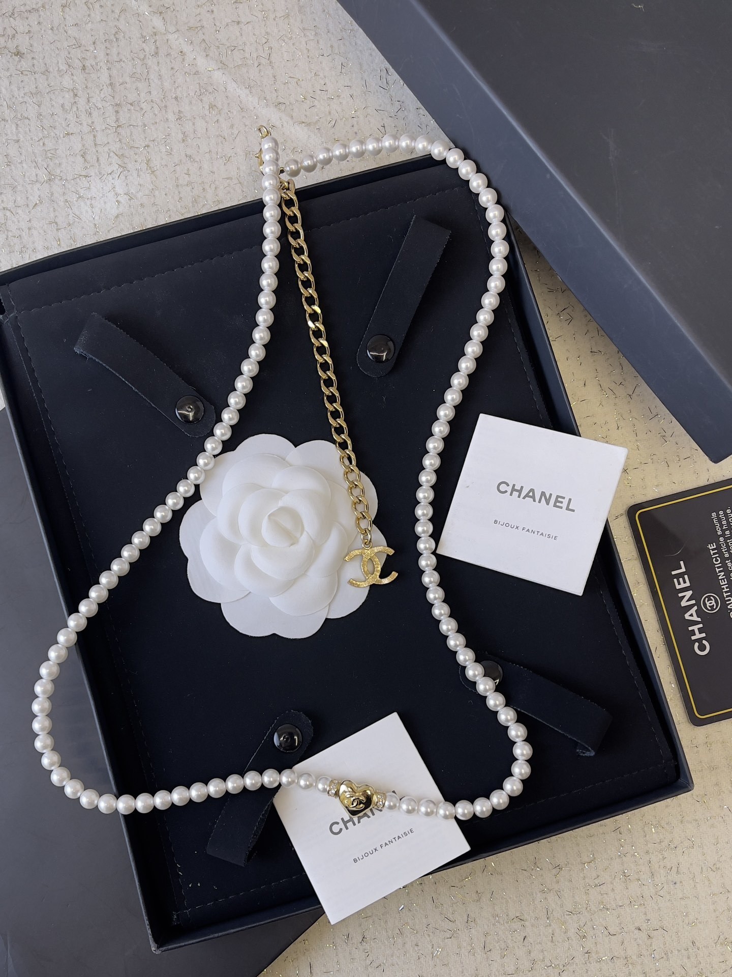 Chanel Luxury Pearl Belt with Gold Heart & CC Logo Charm
