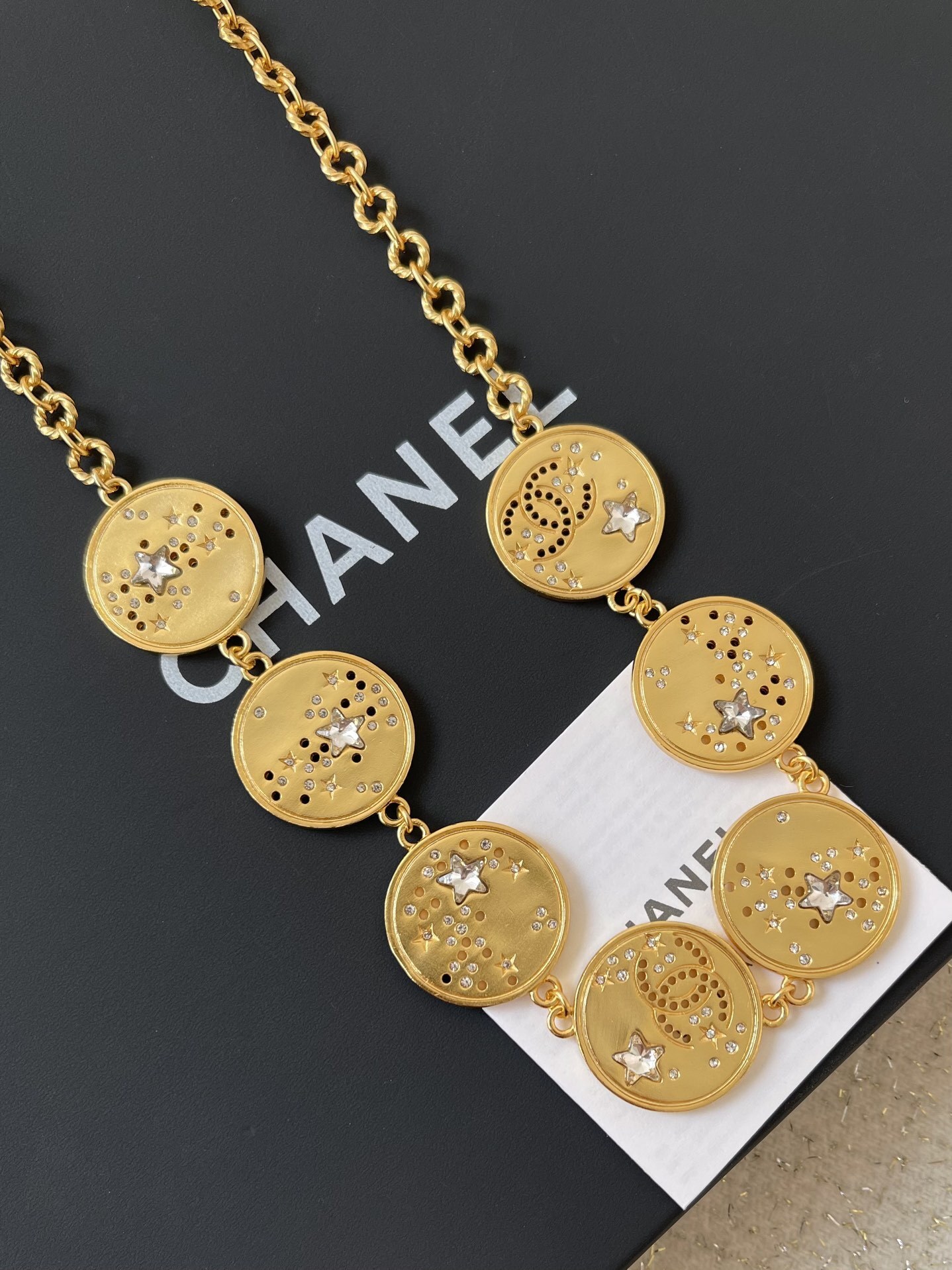 Chanel Gold-Tone Star Medallion Chain Belt with CC Logo Charms
