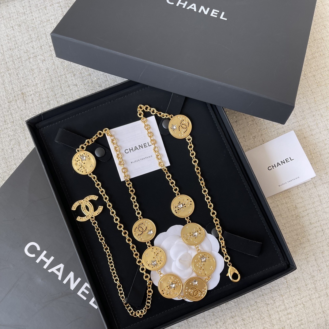 Chanel Gold-Tone Star Medallion Chain Belt with CC Logo Charms