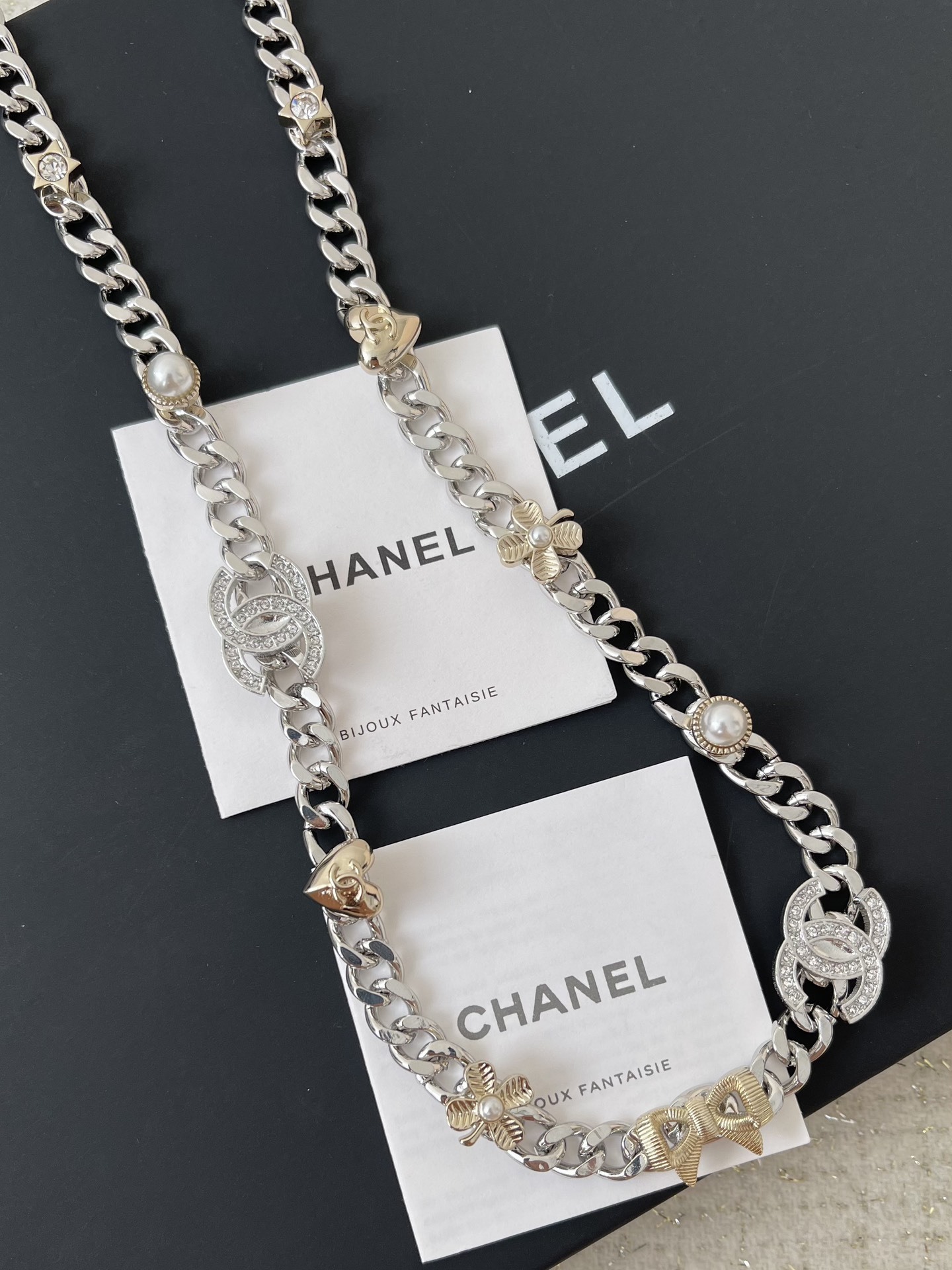Luxury Silver CC Logo Chain Belt with Pearl & Charm Accents